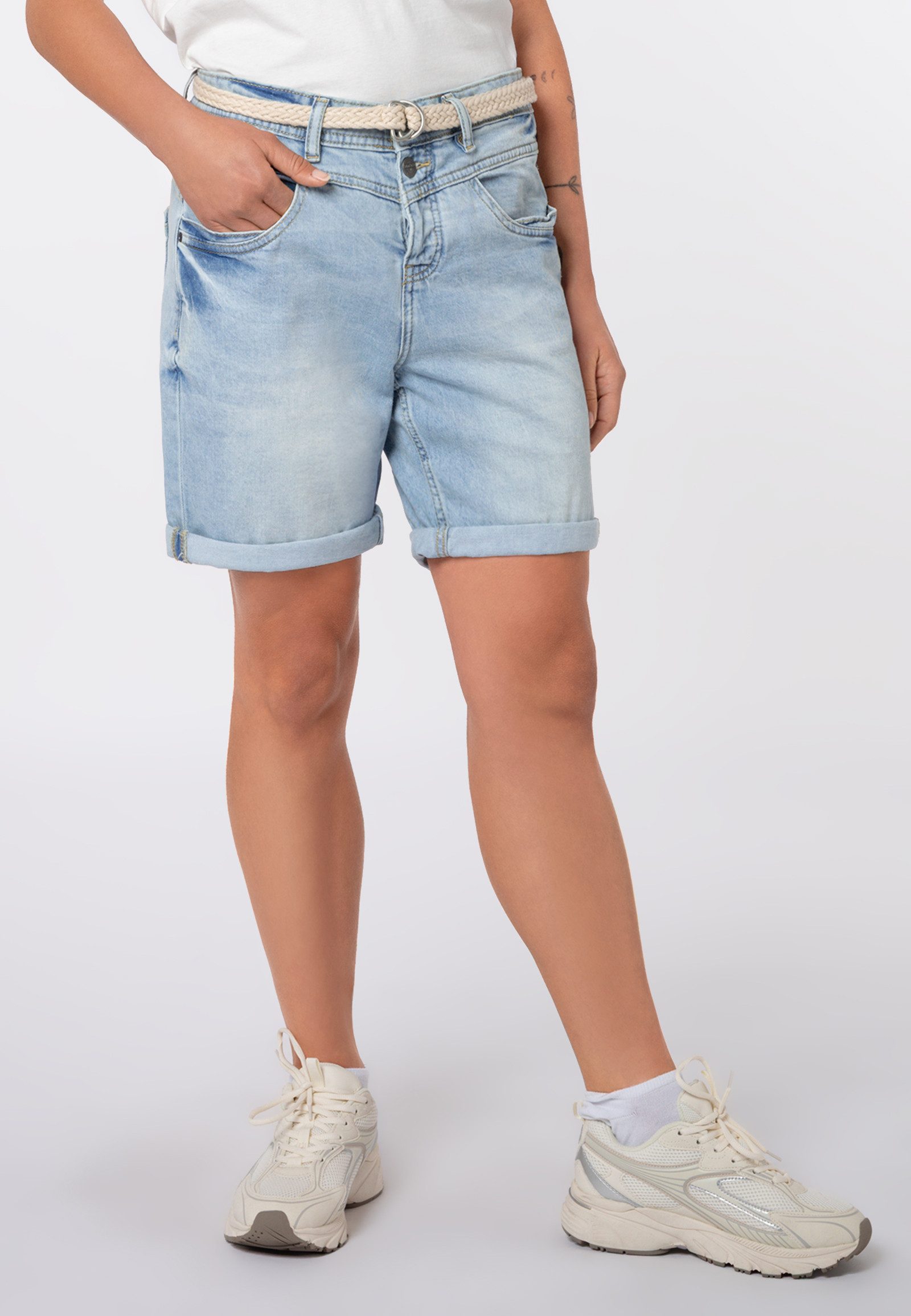 SUBLEVEL Jeansbermudas Damen Denim Bermuda mit Gürtel Sommerhose, Denim Bermuda, Shorts mit Gürtel