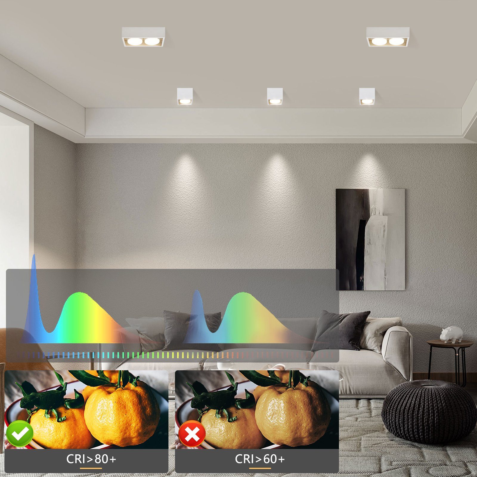 für Küche Weiß Warmweiß Aufputz Deckenspots LED fest - Weiß Deckenstrahler 2 Wohnzimmer, Flammig mit GX53, Aufbaustrahler 3000k, LED ZMH LED Aufbauleuchte integriert,