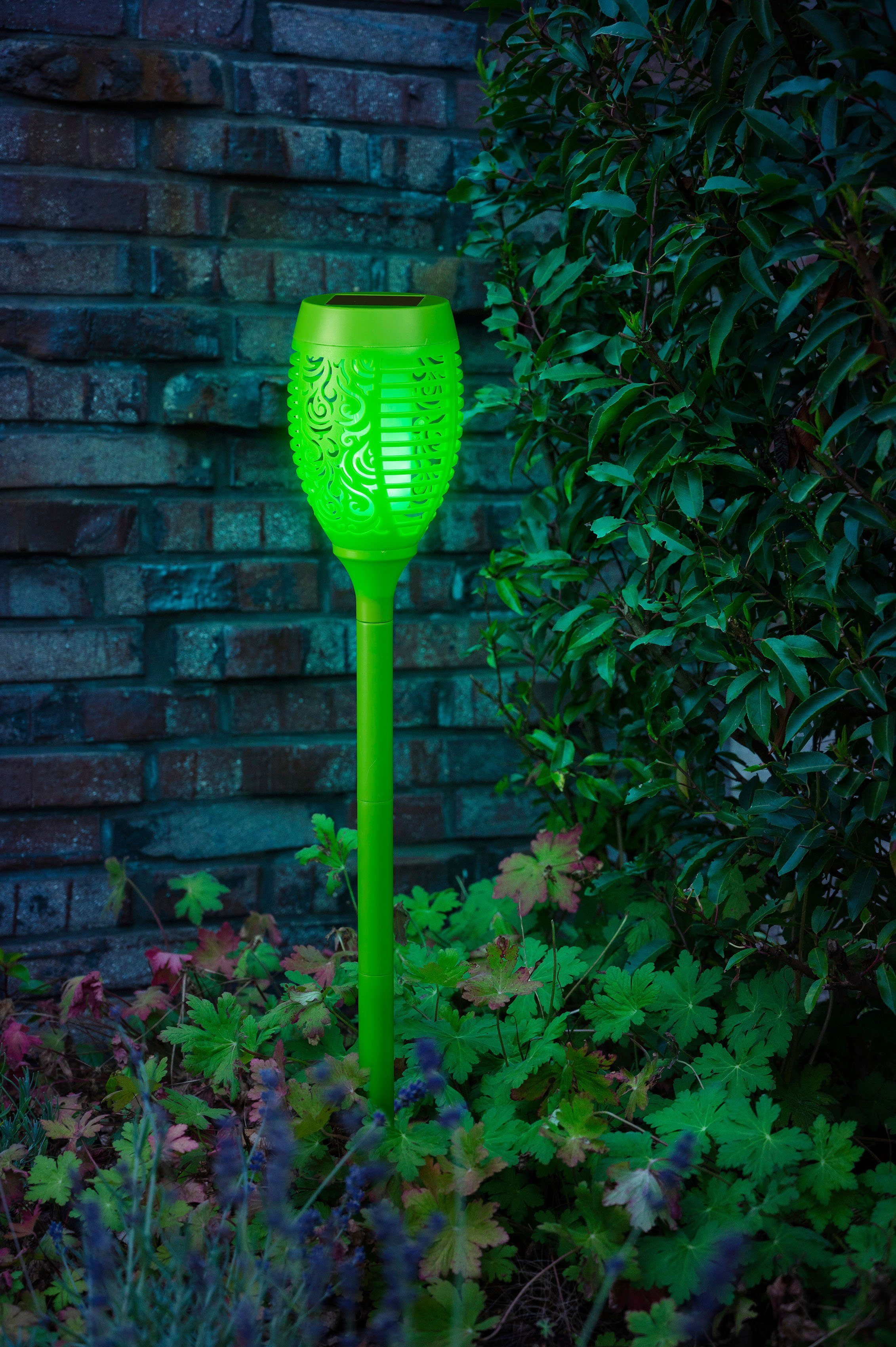 mit BONETTI Flamme LED Gartenfackel Tageslichtsensor, Gartenfackel, realer Solar fest grün integriert, LED LED