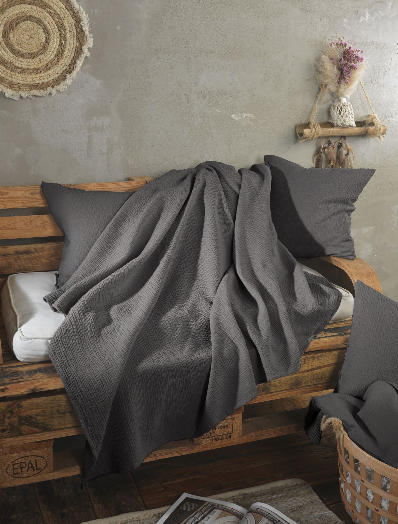 Wolldecke Set Musselin 150x200 Design Anthrazit, pure hug, Sommer Geschenke Idee Frauen Männer weich sale Reißverschluss Partner