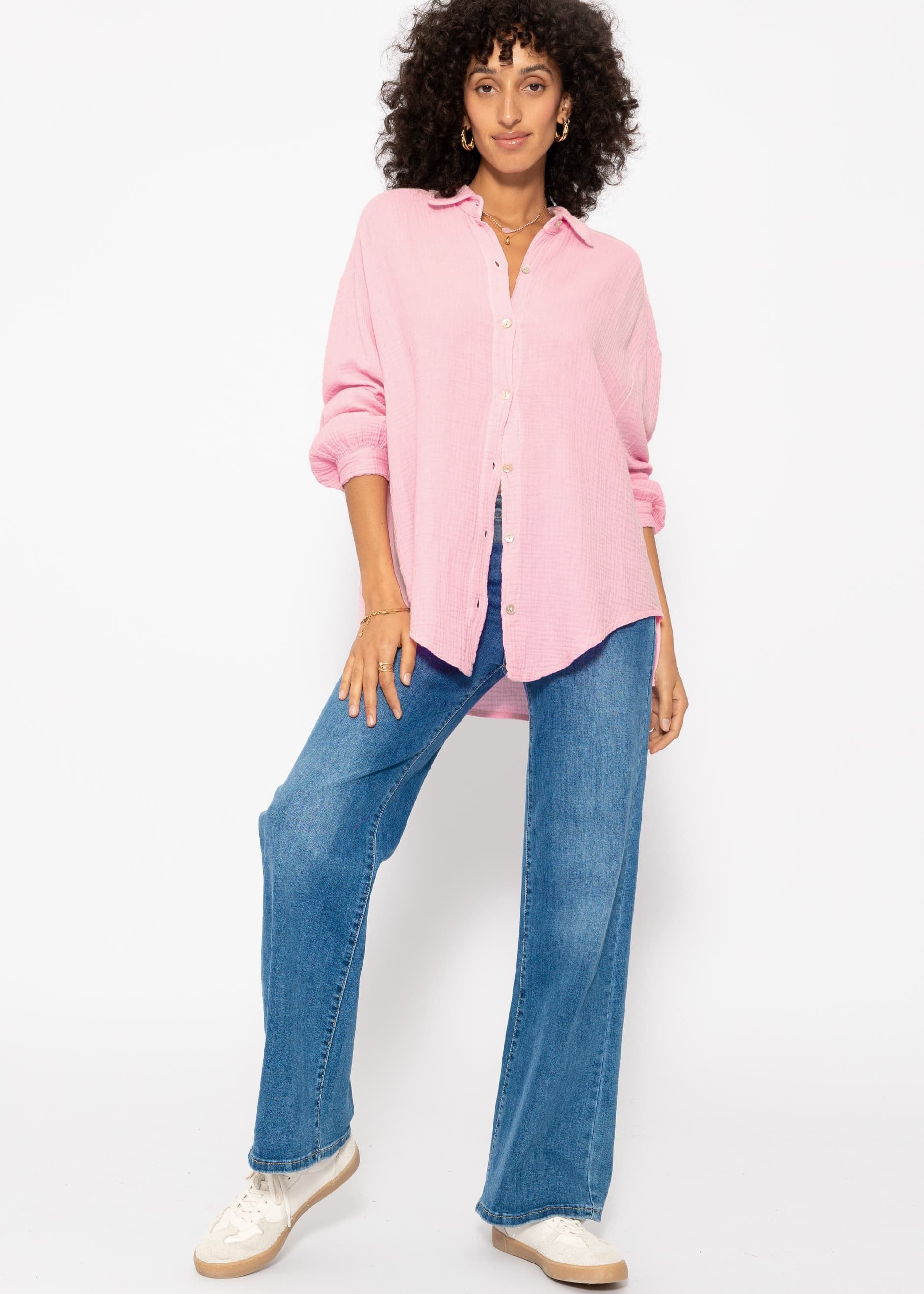 SASSYCLASSY Longbluse Oversize Musselin Bluse Damen kurz Langarm Elegant Hemdbluse lang aus Baumwolle mit V-Ausschnitt, One Size (Gr. 36-48)