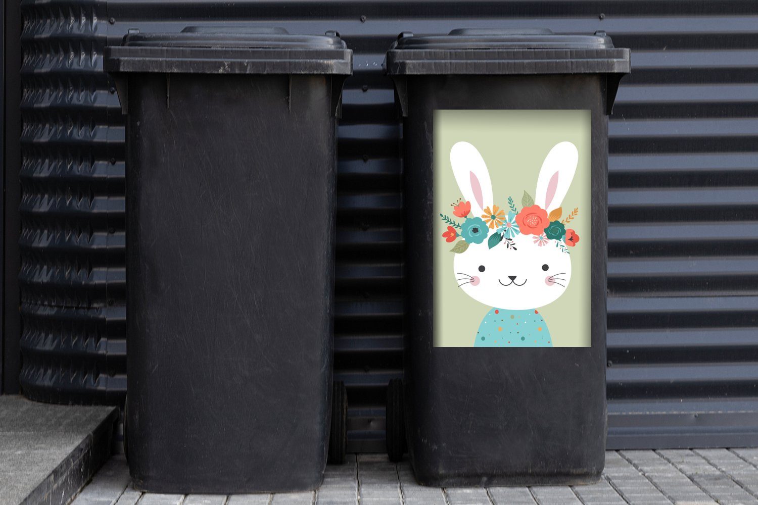 MuchoWow Wandsticker Kaninchen - Blumen Mülltonne, Tupfen Sticker, Abfalbehälter (1 Mülleimer-aufkleber, Container, - St)