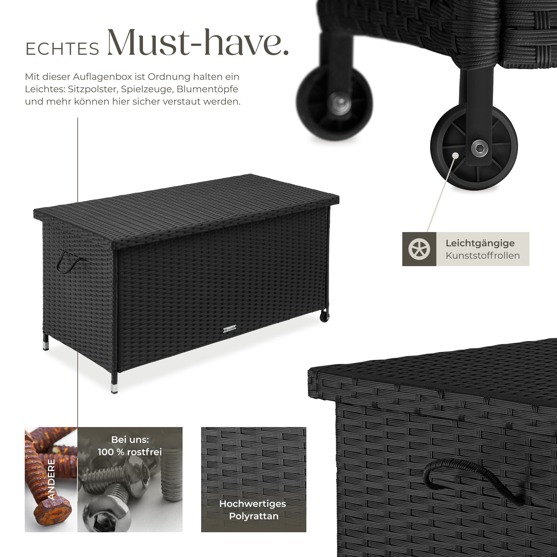 tectake Gartenbox Aluminium Auflagenbox mit Rattangeflecht, 121 x 56 x 60 cm (Kissenbox Kiruna, in schwarz, 270 L), UV-beständig, 2 Rollen, mit Reißverschluss und Zahlenschloss