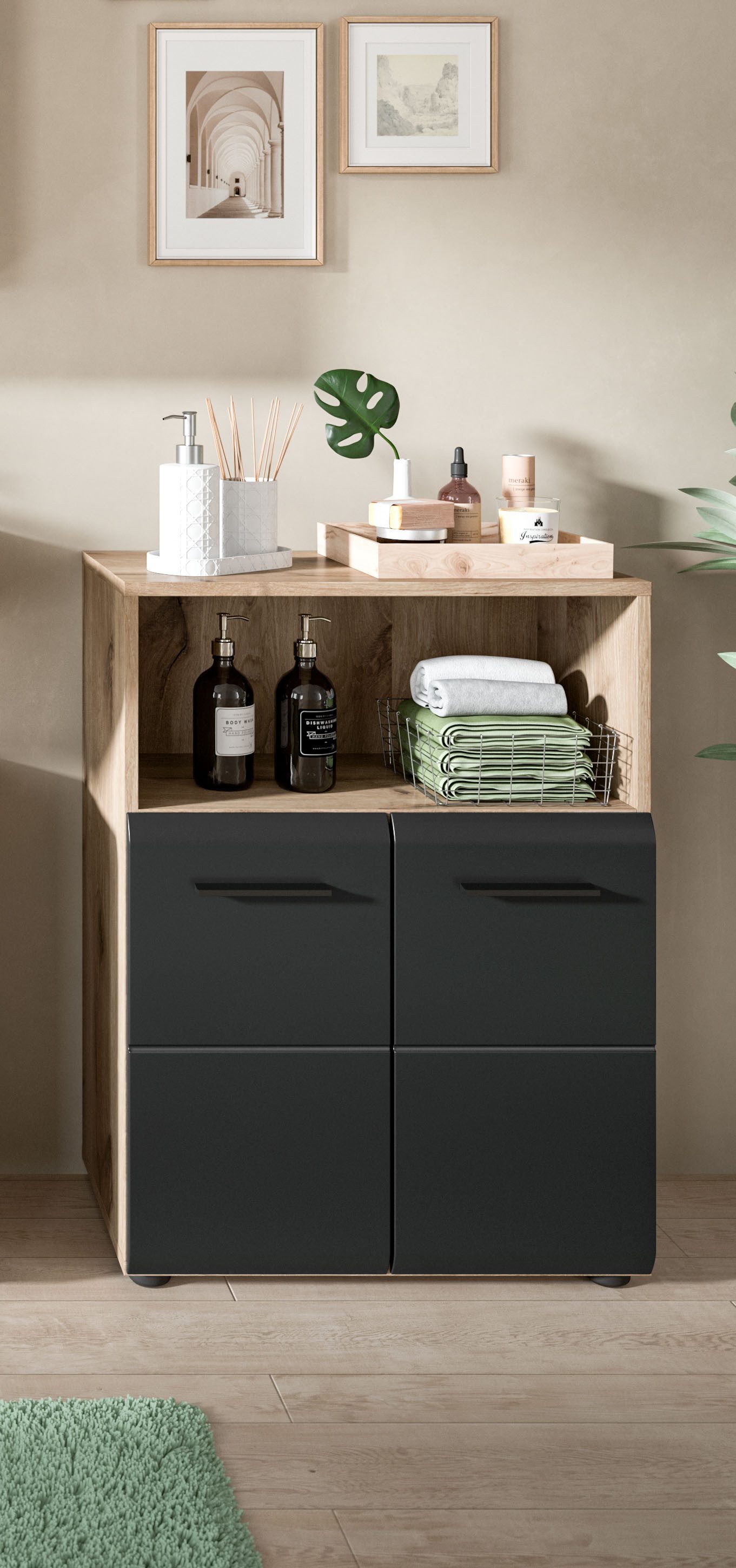 furnling Badkommode Standschrank Ivy, Midikommode mit 2 Türen & offenem Fach, MDF Front, Stauraumschrank Bad