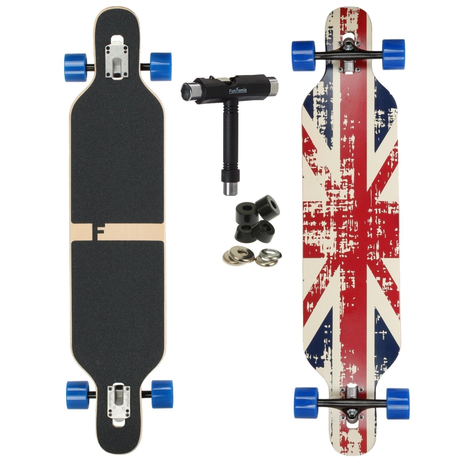 FunTomia Longboard Longboard in Camber Cruiser Twin 122kg Through Twin England Flex - Ahornholz Tip Camber Drop 1 Tip Rollen / - 3 Kugellager, Komplettboard mit Speed + Mach1 ABEC-9 25 Stufen Skateboard und bis LED T-Tool Flex