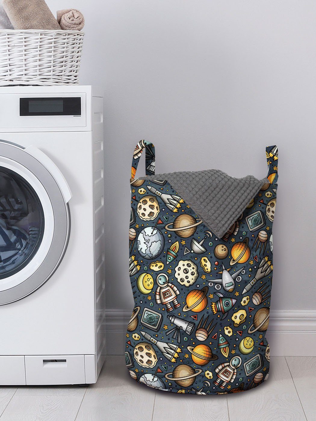 Griffen Kordelzugverschluss mit Waschsalons, Weltraum-Muster für Wäschesäckchen Abakuhaus Karikatur Wäschekorb