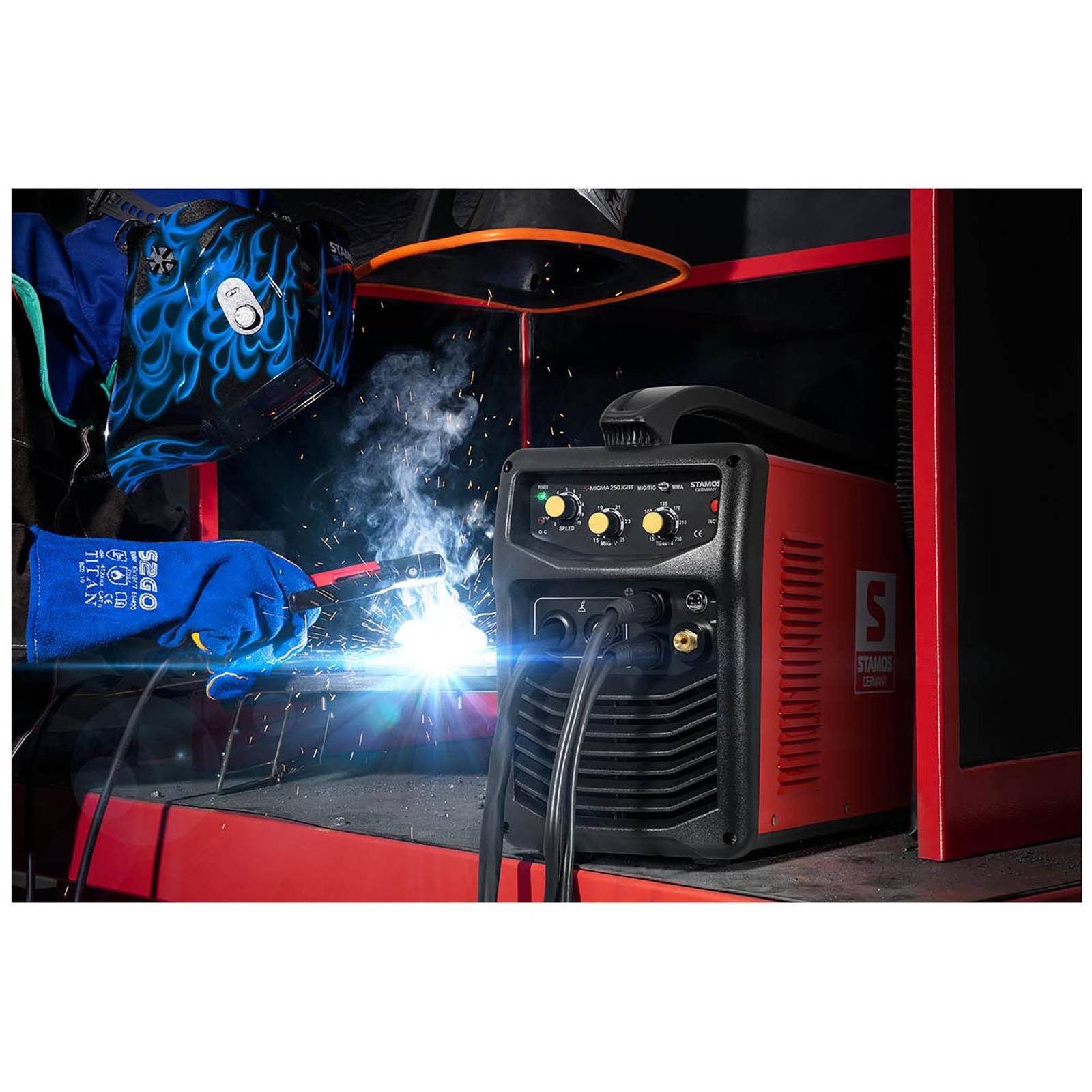 Stamos Welding Group Elektroschweißgerät Schweißgerät Kombi 4in1 250A MIG MAG MMA WIG FCAW E Hand IGBT Inverter – Bild 4 von 5