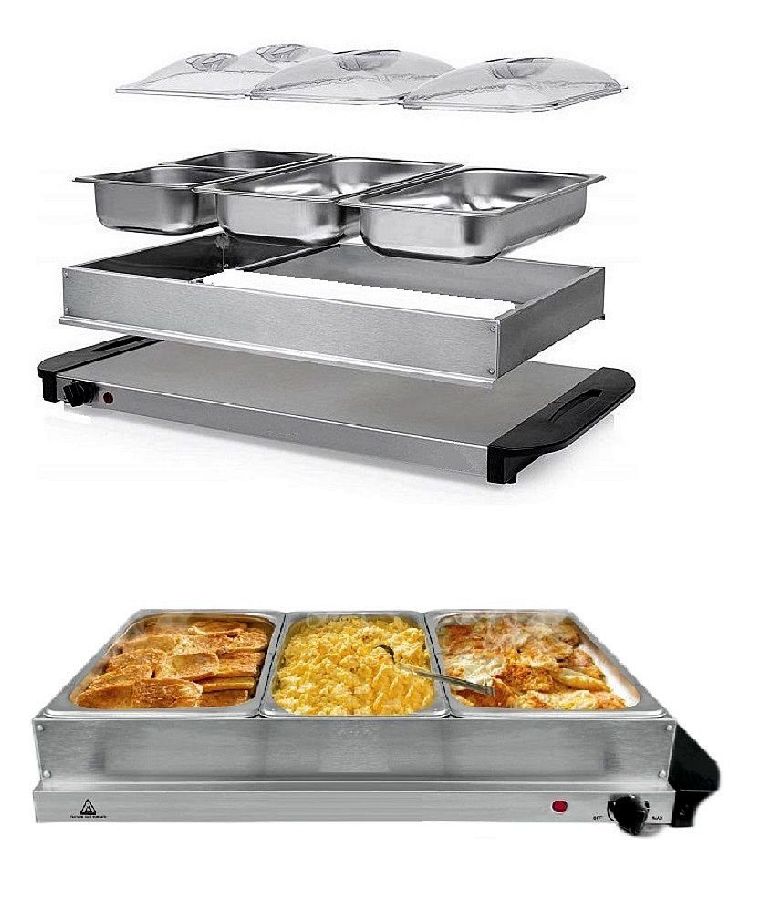 Rungassi Bratpfanne 3 Behälter Speisewärmer Warmhalteplatte Buffetwärmer 2in1 Catering, Edelstahl / Kunststoff – Bild 2 von 5