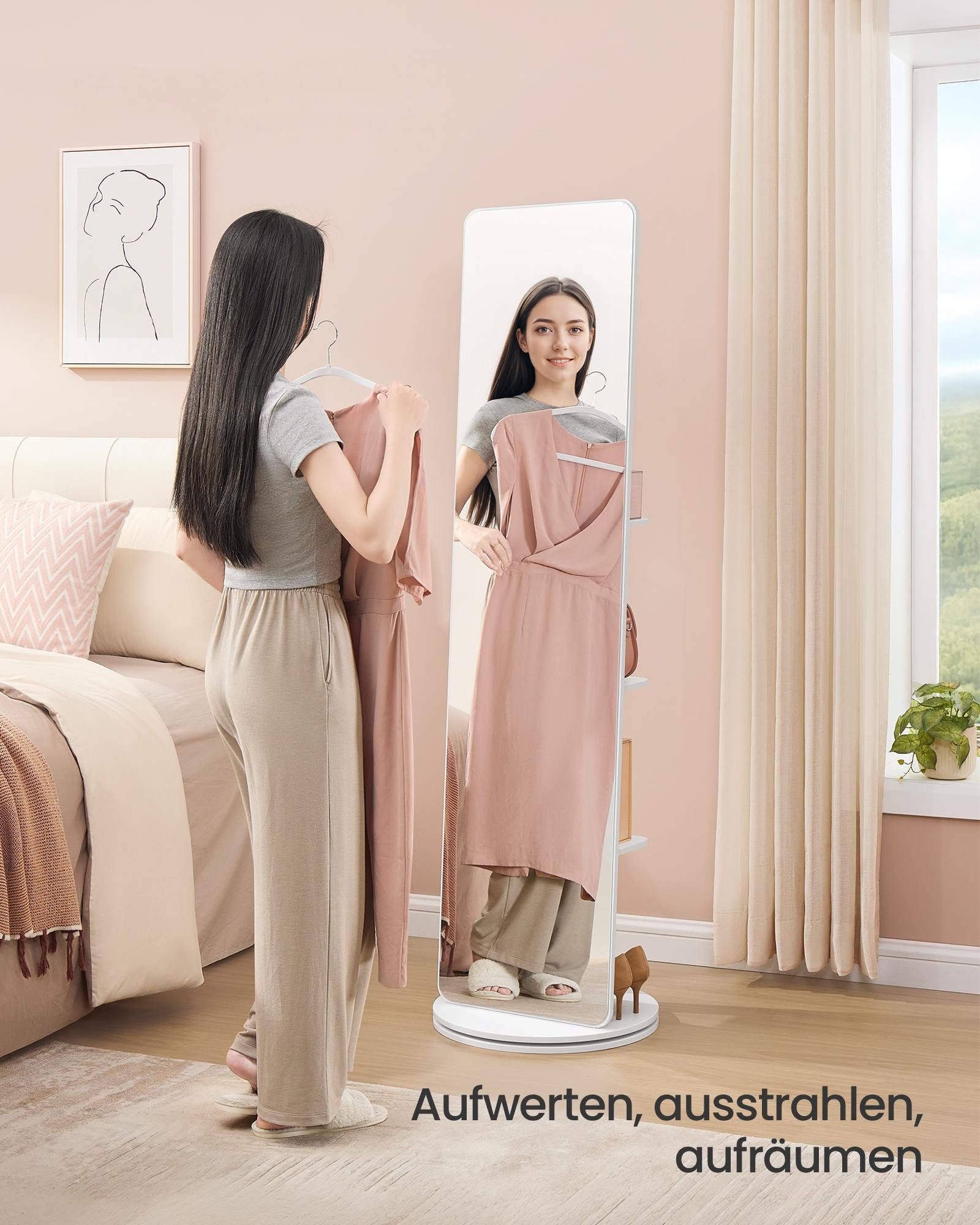 SONGMICS Standspiegel, 360° drehbar, mit Sockel, Ablagen und Haken, klares günstig online kaufen