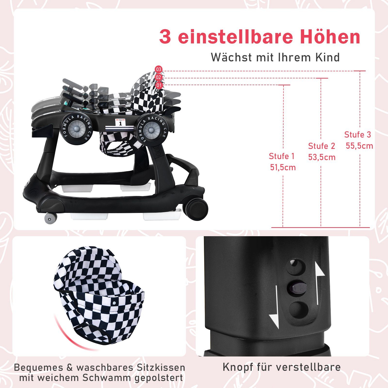 COSTWAY Lauflernhilfe 4 in 1 Lauflernwagen, mit Musik, Licht, ab 6 Monaten