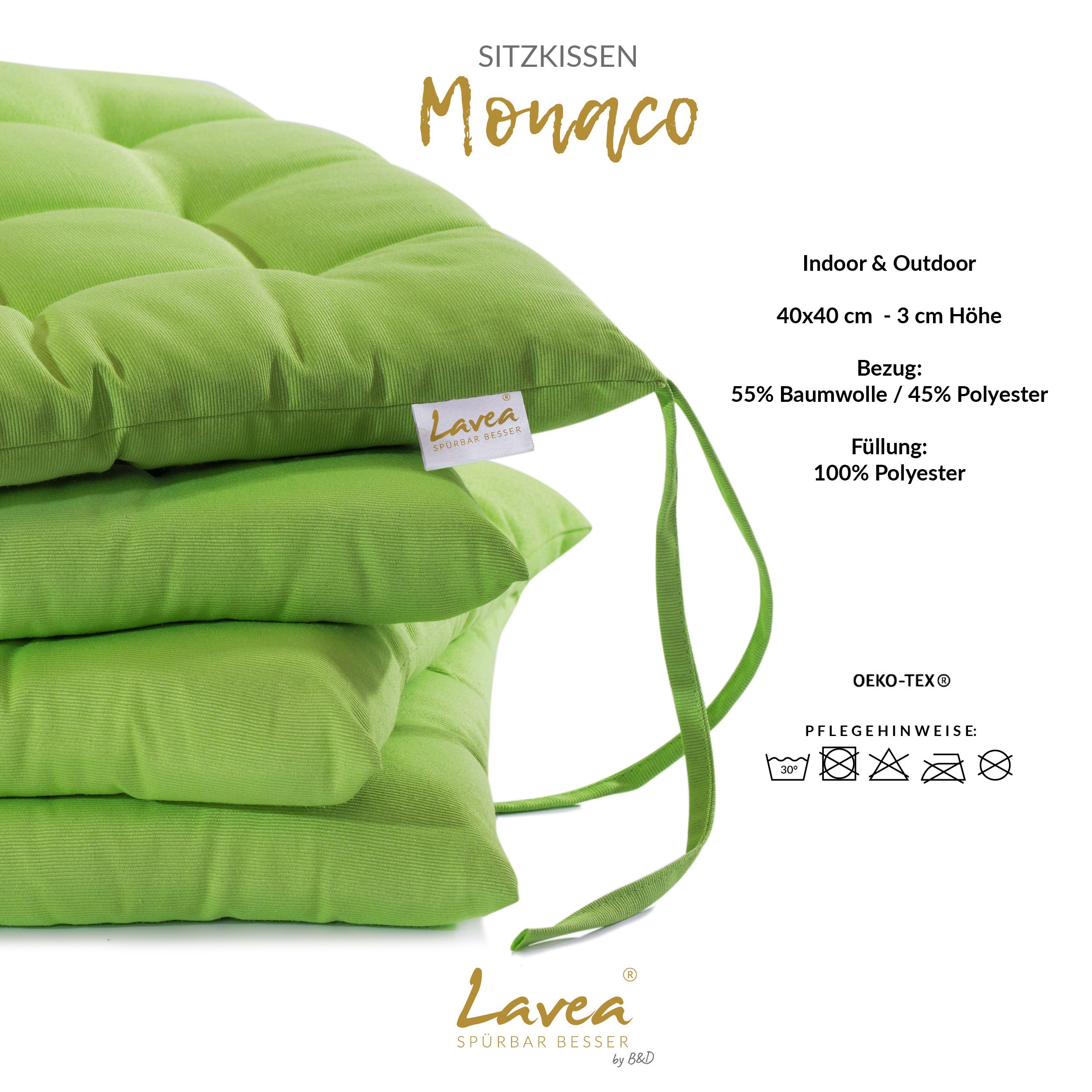 Lavea Stuhlkissen MONACO - weich gepolsterten Sitzkissen Set (4er & 8er), 40x40x3 cm, mit Stoffbändern, Indoor & Outdoor, für Garten & Balkon