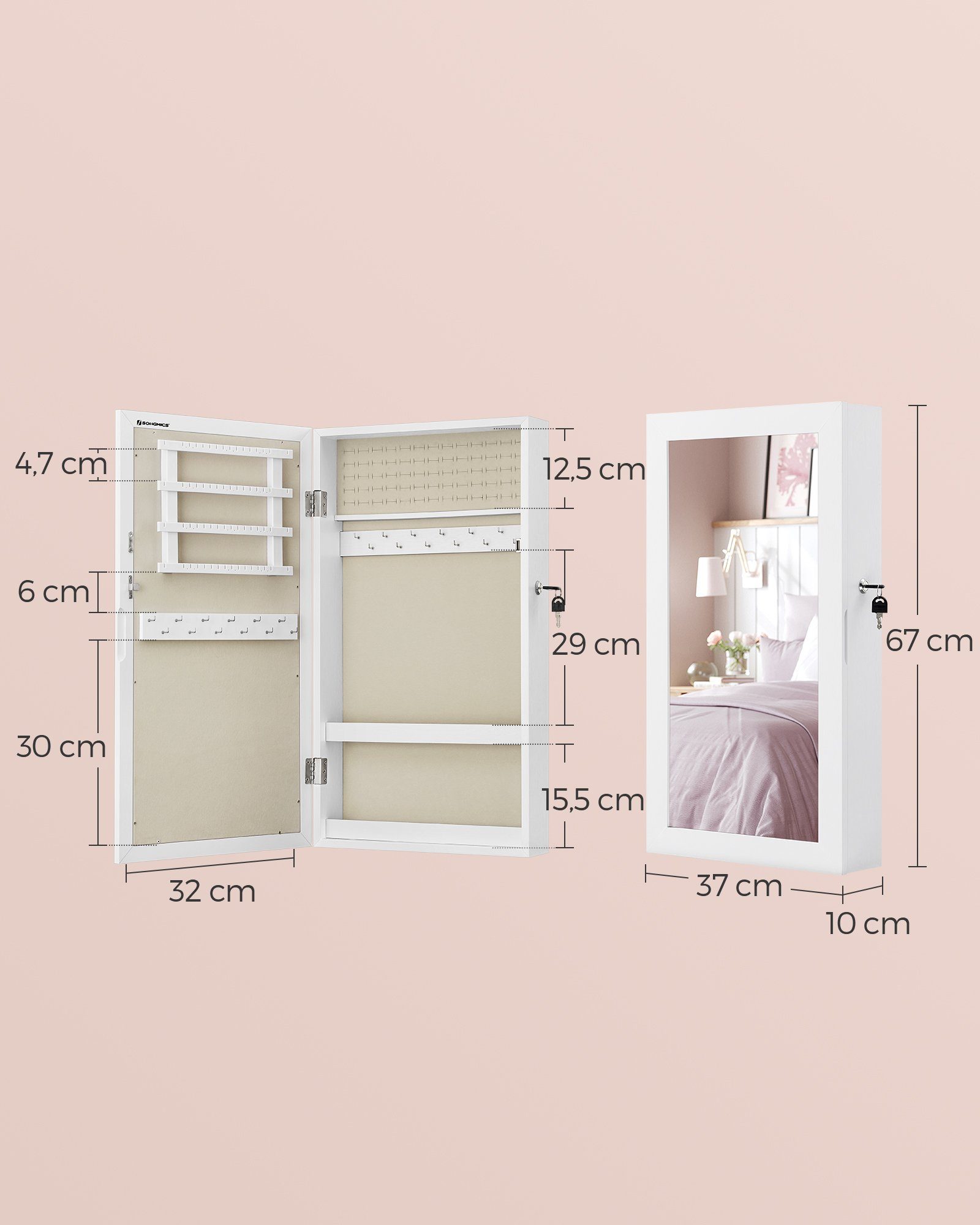 SONGMICS Schmuckschrank Spiegelschrank abschließbarer Wandschrank, platzsparender Schmuckorganizer – Bild 5 von 5