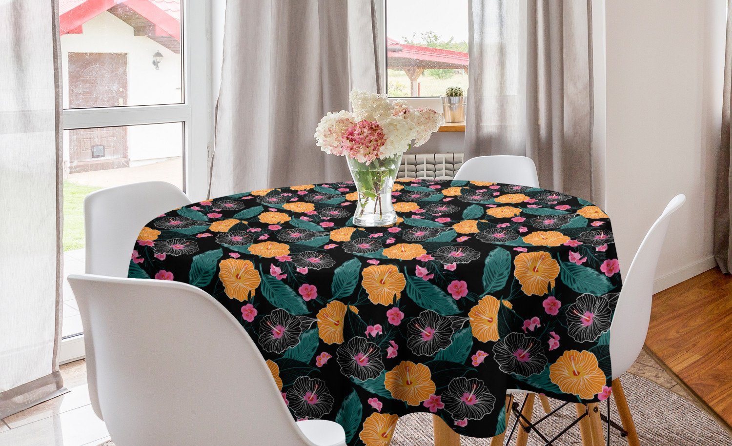 Abakuhaus Tischdecke Kreis Tischdecke Abdeckung für Esszimmer Küche Dekoration, Hibiskus Kunstwerk in Hawaiian Style