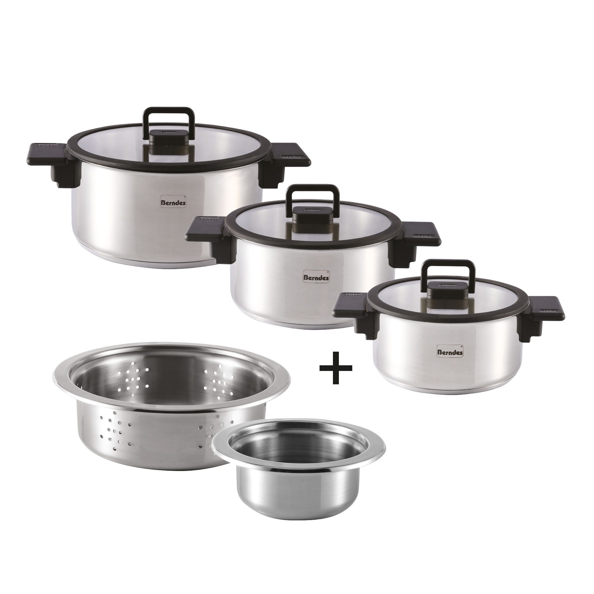 Berndes Topf-Set Stapelbares Kochtopfset, 5-teilig, Edelstahl, poliert - b.miracle, Edelstahl