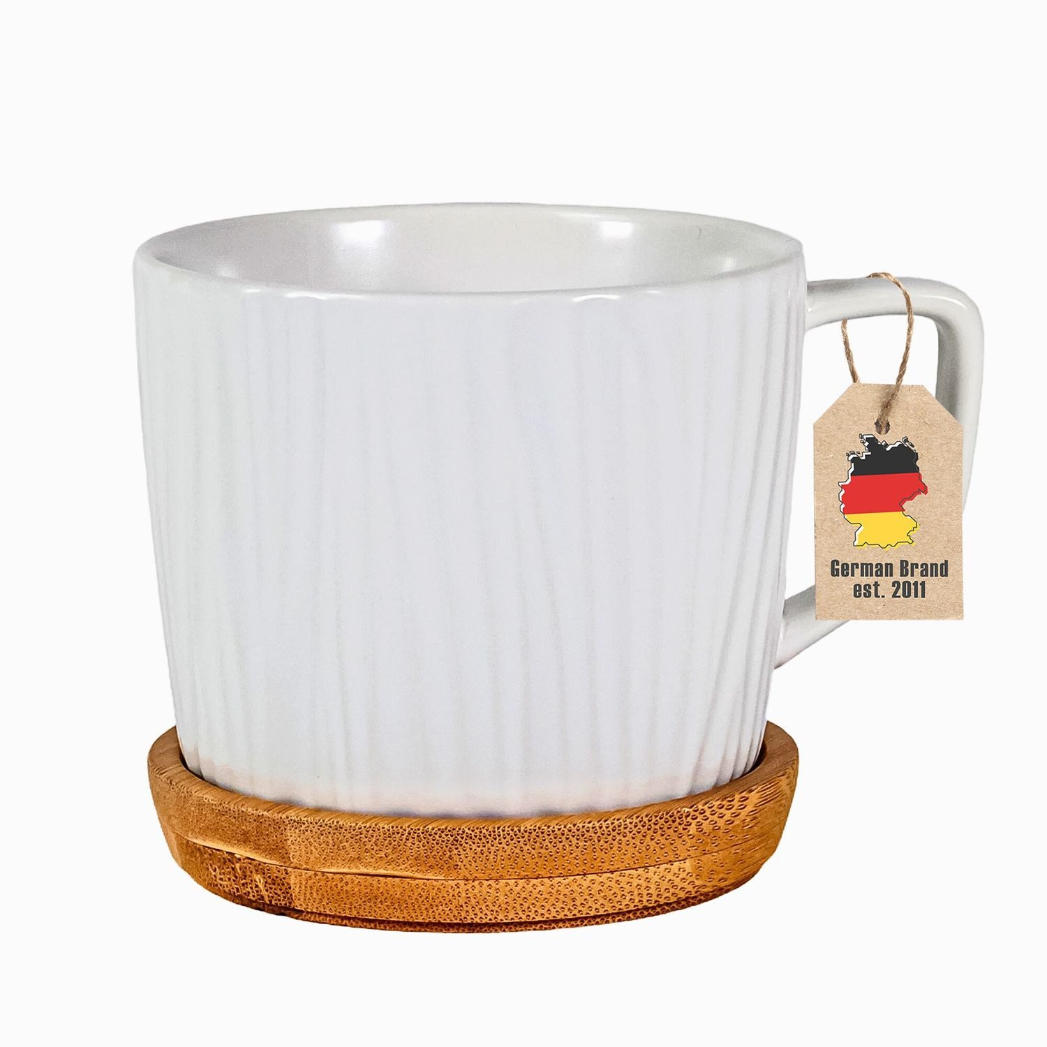 Intirilife Tasse, 1-tlg., Keramik, Kaffee Tee Tasse Rillen Muster 230 ml Keramik mit Holz Untersetzer
