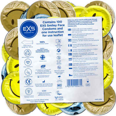 EXS Kondome Smiley Face - glückliche Kondome in Rundfolien Packung mit, 100 St., witzige Kondome mit Motiv, Rundfolien mit Emoji/Smiley-Motiven in verschiedenen Farben