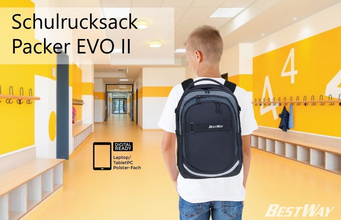 BESTWAY Schulrucksack Evolution Packer 40177 (Set, 4 Teile Rucksack Sportbeutel Mäppchen Laptophülle), Schultasche Rucksack Schulmappe +rtm lh