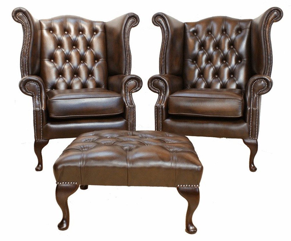Sessel Chesterfield Design Sesselset: 2 Ohrensessel mit Hocker
