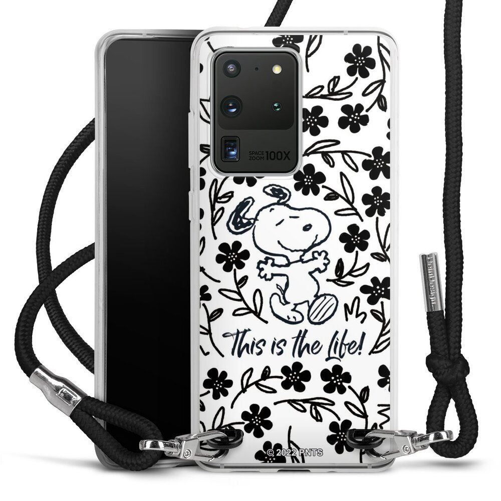 DeinDesign Handyhülle Peanuts Blumen Snoopy Snoopy Black and White This Is The Life, Samsung Galaxy S20 Ultra Handykette Hülle mit Band Case zum Umhängen