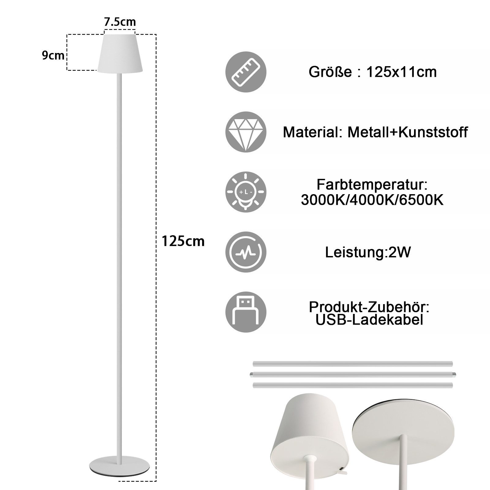 ZMH LED Stehlampe Wohnzimmer Dimmbar Modern Kabellos 125 cm Standleuchte Büro, Augenschutz, Einfache Installtion Außen, LED fest integriert, 3000-6500K, Weiß USB Akku mit 3 Farbtemperaturen Standleuchte Schlafzimmer