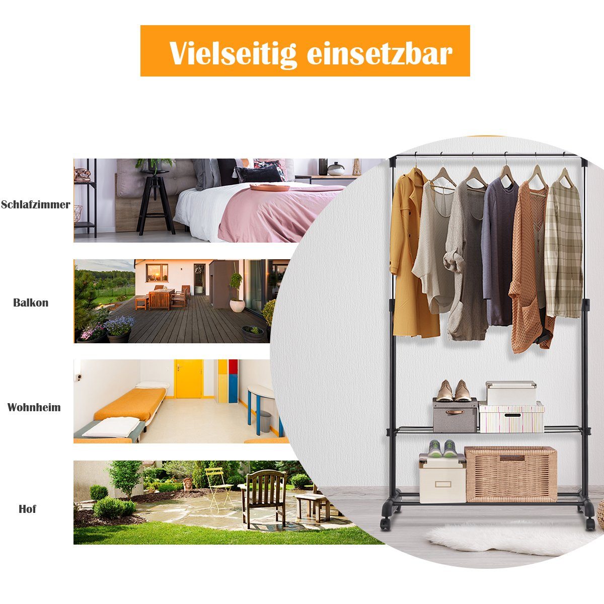 COSTWAY Kleiderständer, mit höhenverstellbarer Kleiderstange, Ablage, Rolle günstig online kaufen