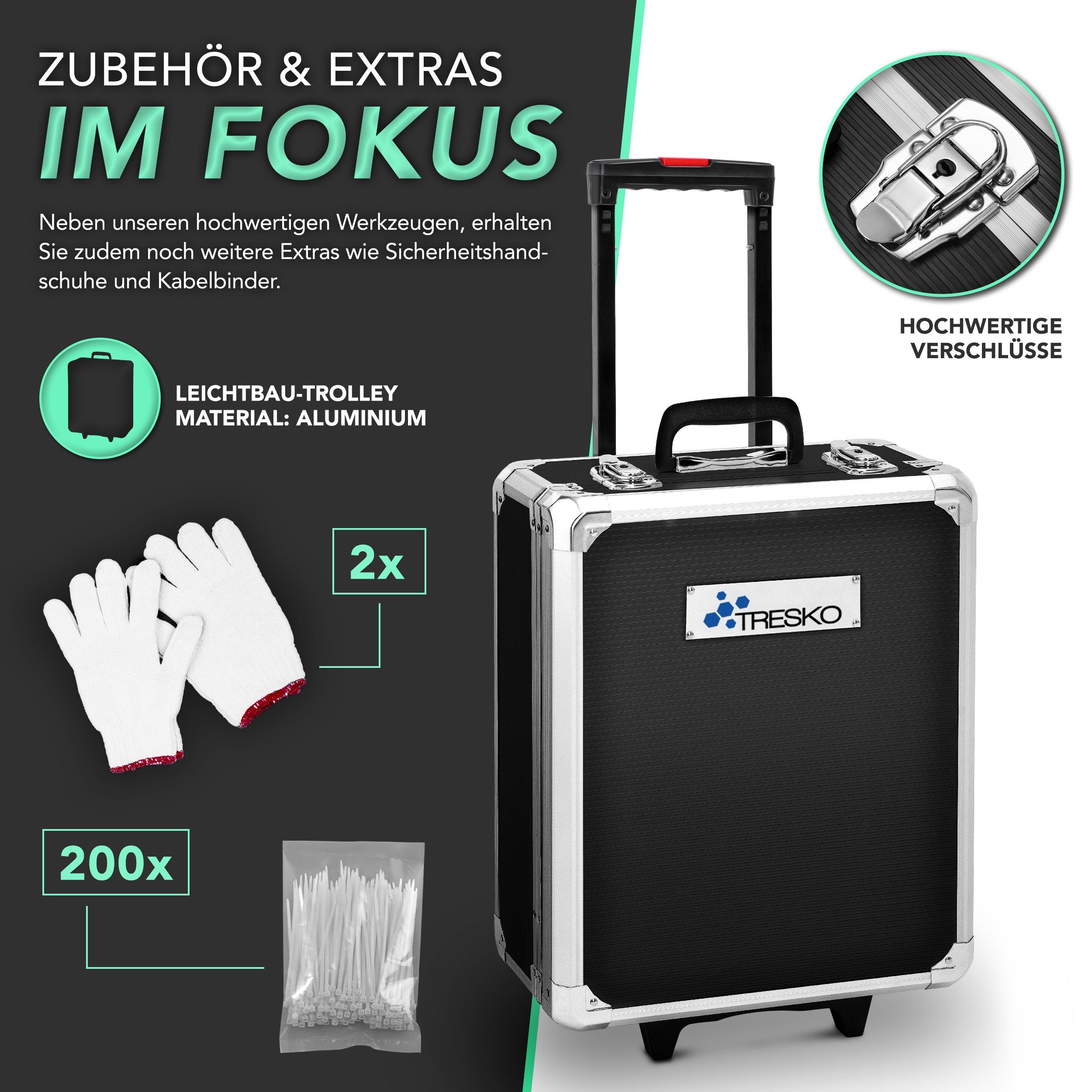 TRESKO Werkzeugset Werkzeugkoffer 1400 teilig XXL Set Werkzeugkasten gefüllt, (Chrom-Vanadium Stahl), Werkzeugkiste Profi Werkzeugtasche Werkzeug-Trolley