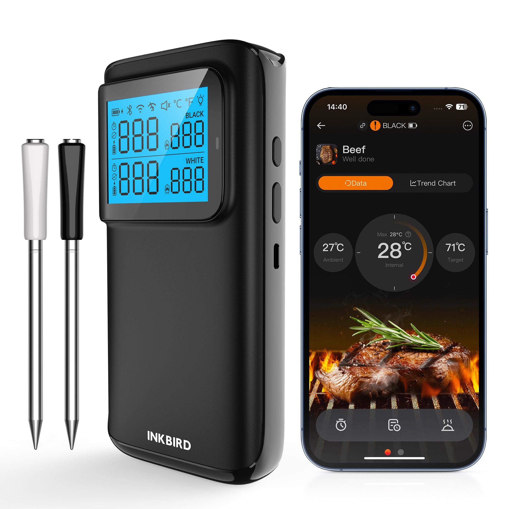 INKBIRD Bratenthermometer 2 Sonden mit 5 Sensoren BBQ Grill 5G WiFi, Schwarz, 2-tlg., 5G WiFi & Bluetooth, 25h Akkulaufzeit, Offline-Datenspeicherung