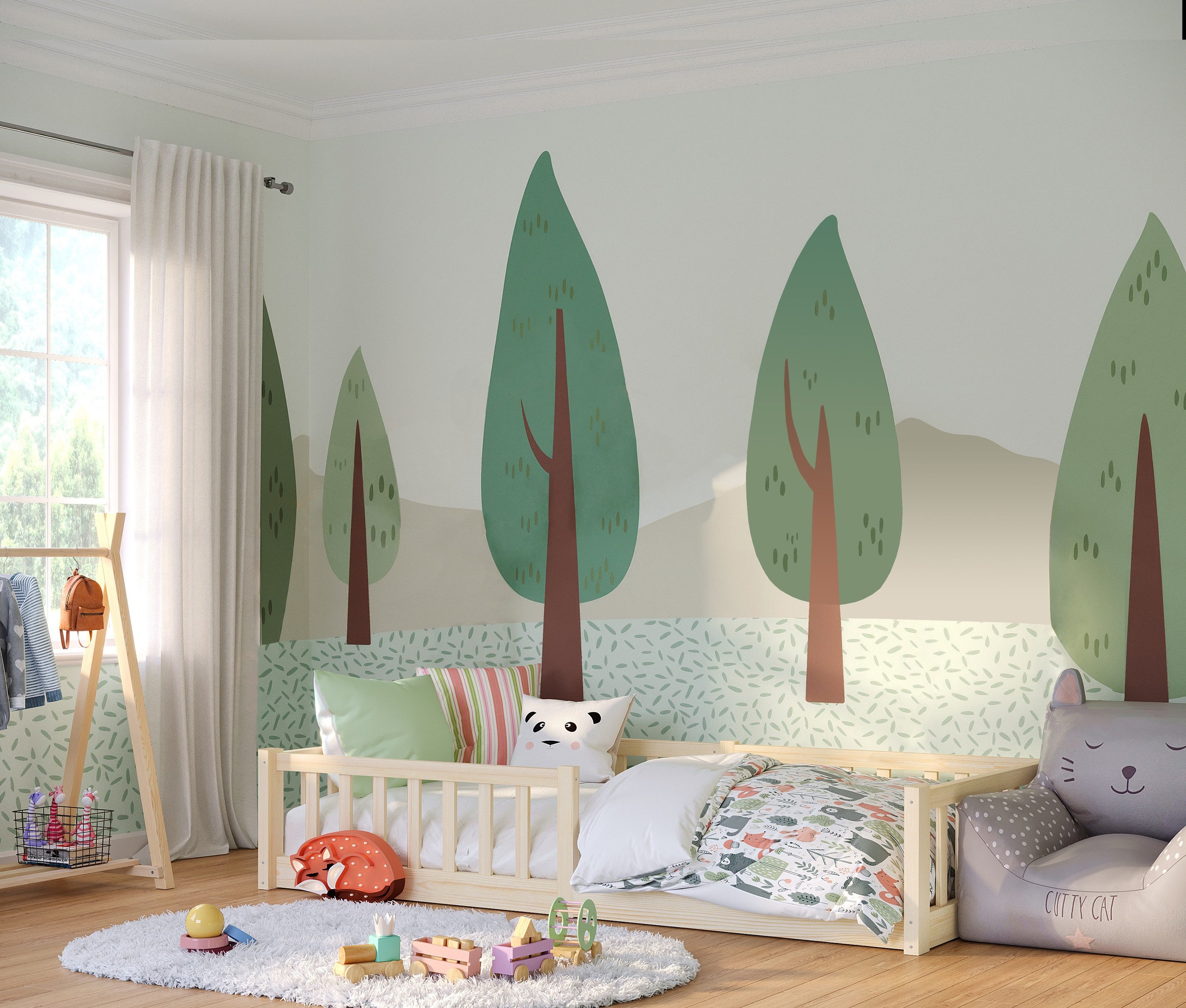 Bellabino Kinderbett Vere aus Kiefer Massivholz mit Rausfallschutz & Lattenrost (natur mit Matratze), Bodenbett verfügbar in 80x160 & 90/120/140x200 cm