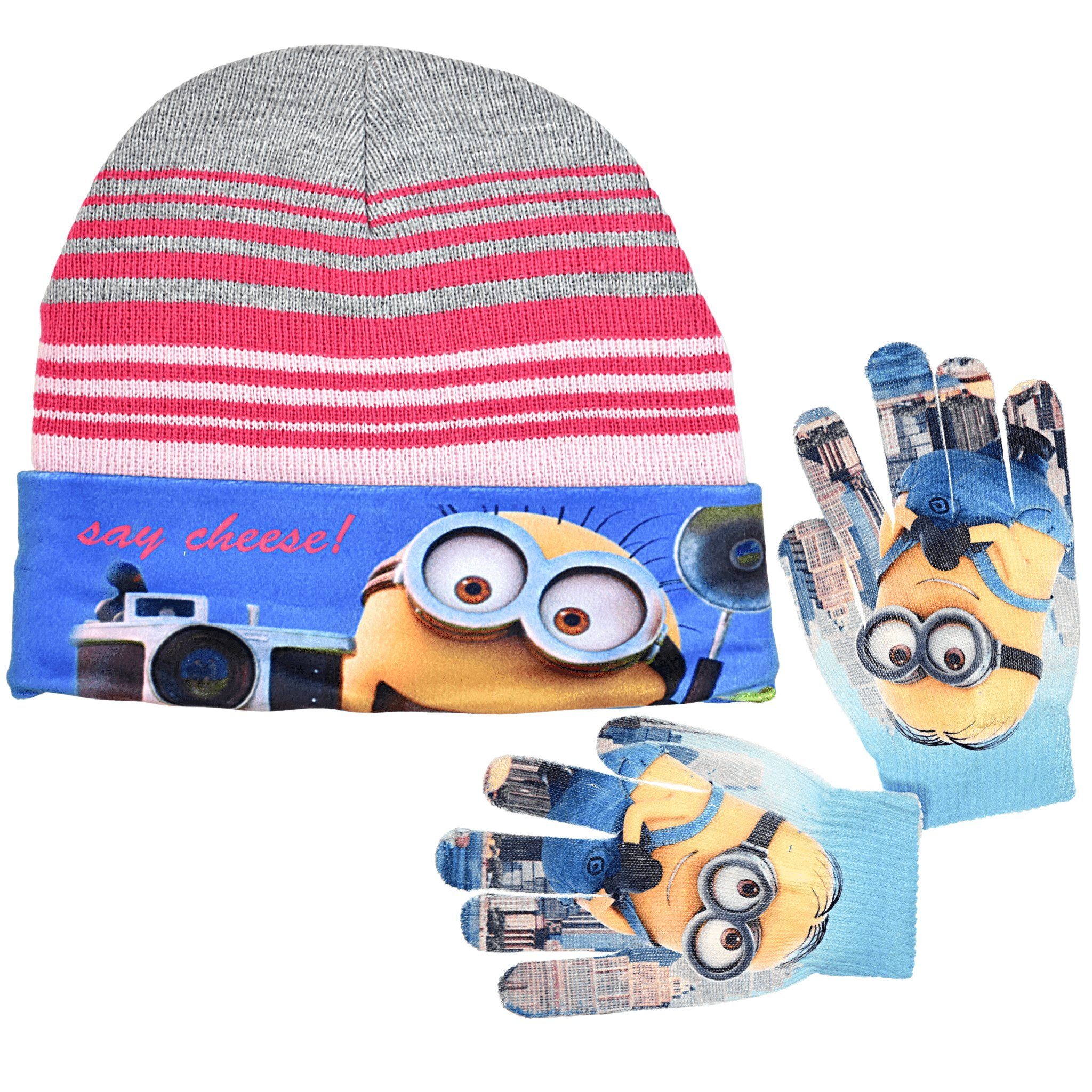 Minions Strickmütze mit Minions Motiv (2-St) Set mit Handschuhen - Wintermütze für Mädchen Gr. 52,54 cm