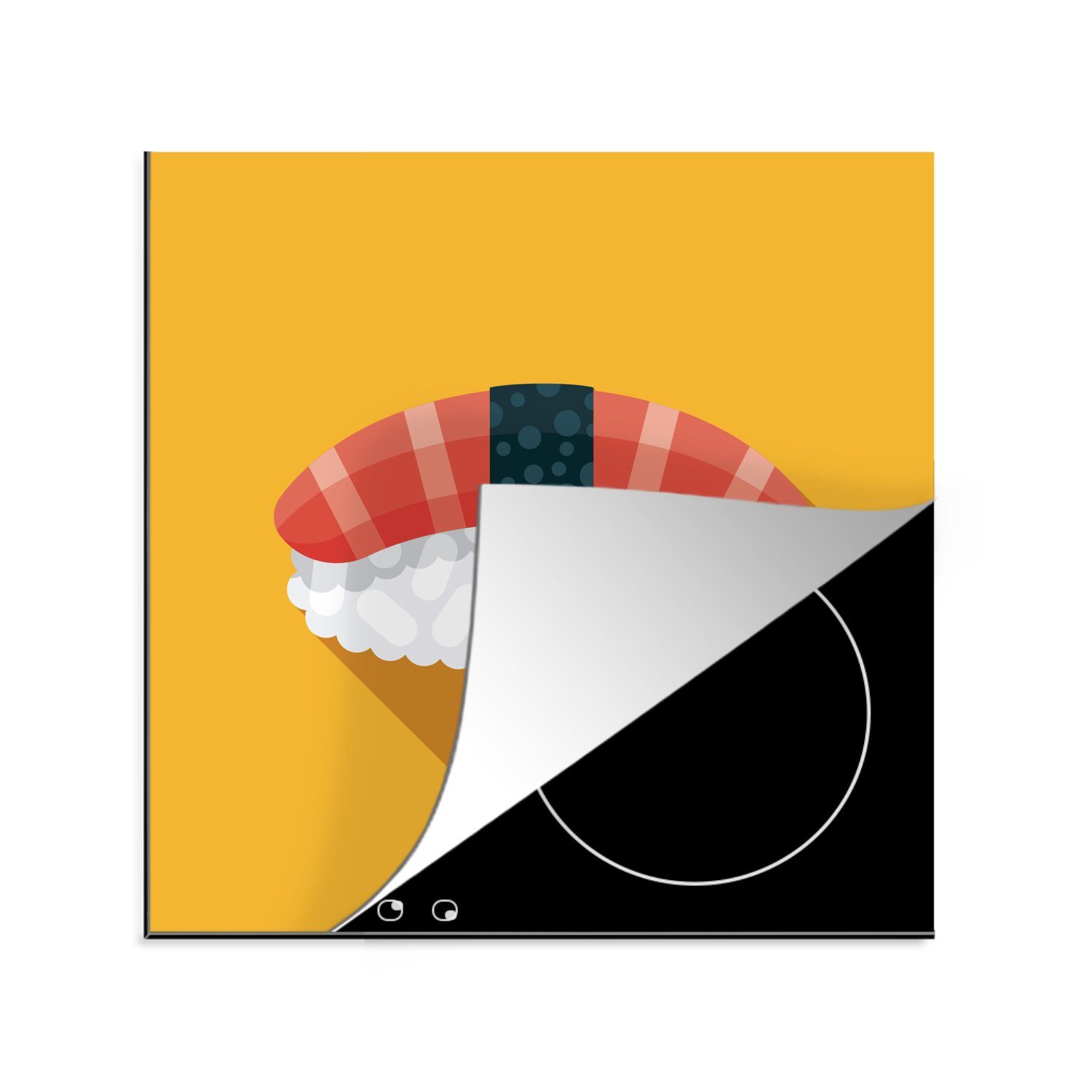 cm, Illustration Herdblende-/Abdeckplatte Arbeitsplatte für Sushi (1 mit MuchoWow Vinyl, Ceranfeldabdeckung, gelbem 78x78 auf tlg), Schatten küche Hintergrund,