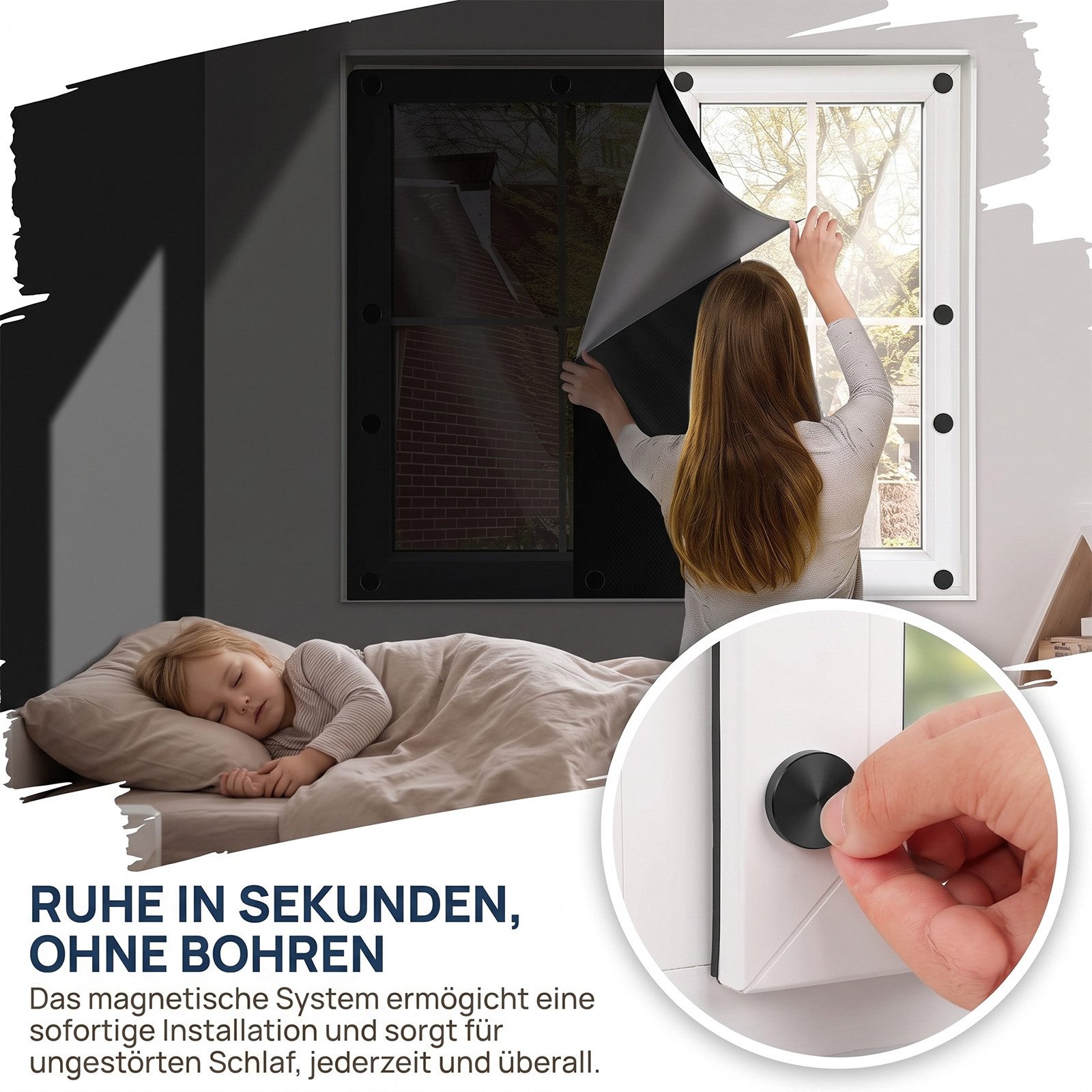 Verdunklungsrollo Fenster Verdunkelung Magnetisch 100X145CM, AKKEE, Magnetisch, Verdunklungsstoff Verdunkelungsrollo Magnetverschluss ohne Bohren – Bild 4 von 5