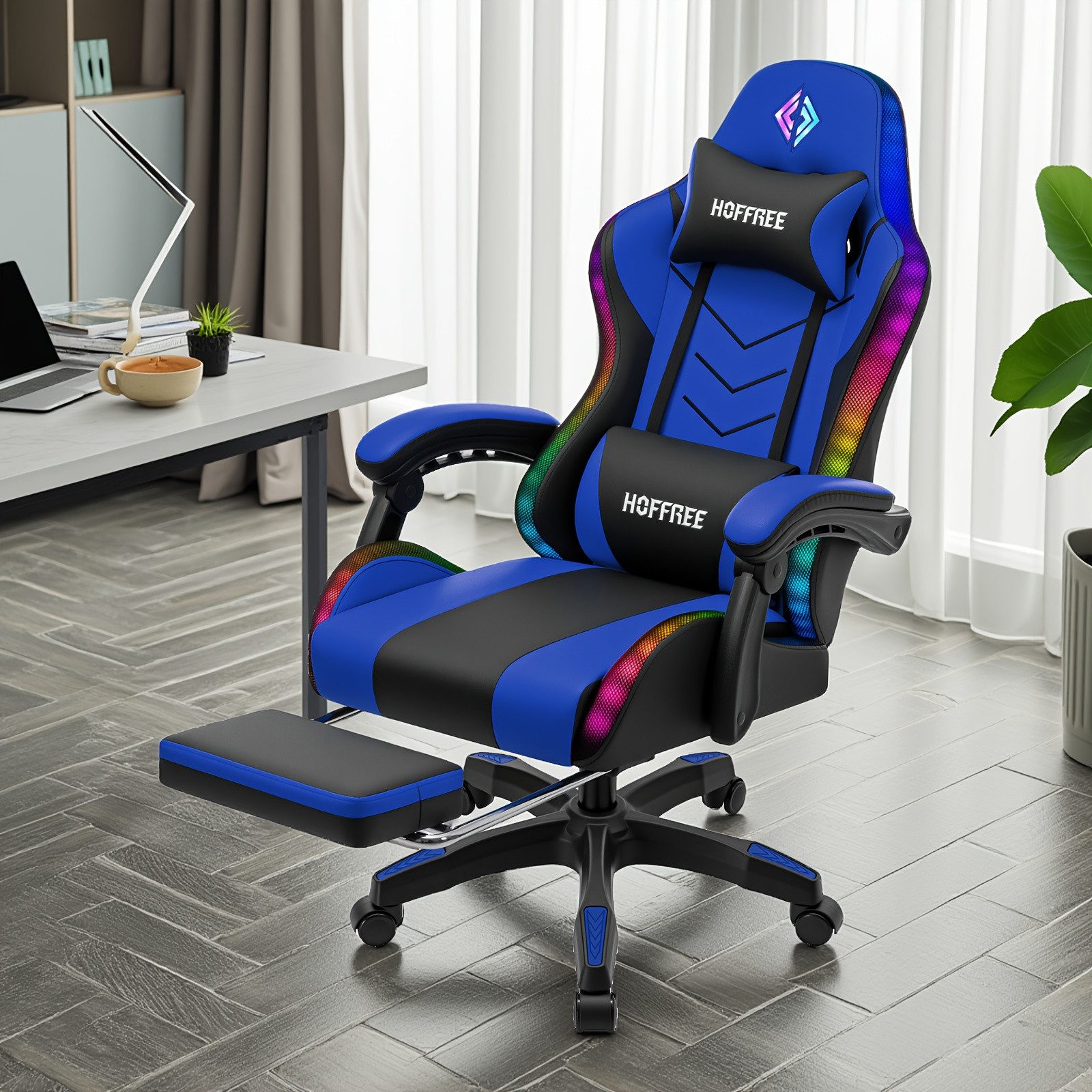 Insma Gaming-Stuhl ergonomischer Computerstuhl RGB LED Bluetooth Bürostuhl (mit Massagefunktion, Fußstütze & 180° Liegefunktion), maximale Belastbarkeit 180kg