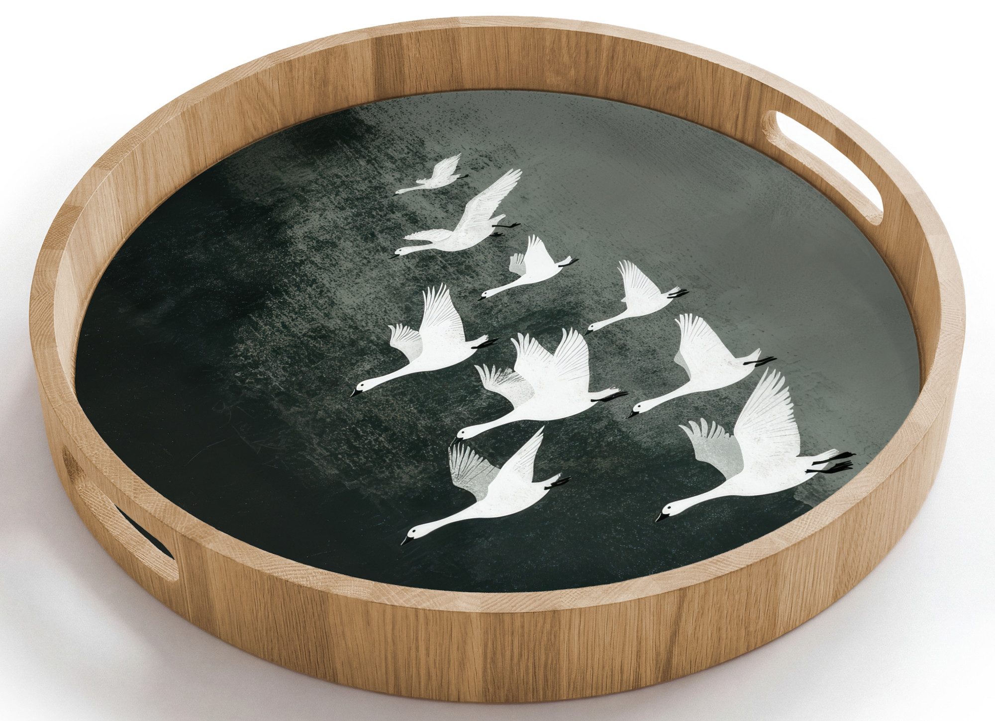OnlyWow Tablett Rund mit Henkel Vogel - Japandi - Grün, Eichenholz, (1-tlg), Siervierplatte, Tray, Frühstücksbrett