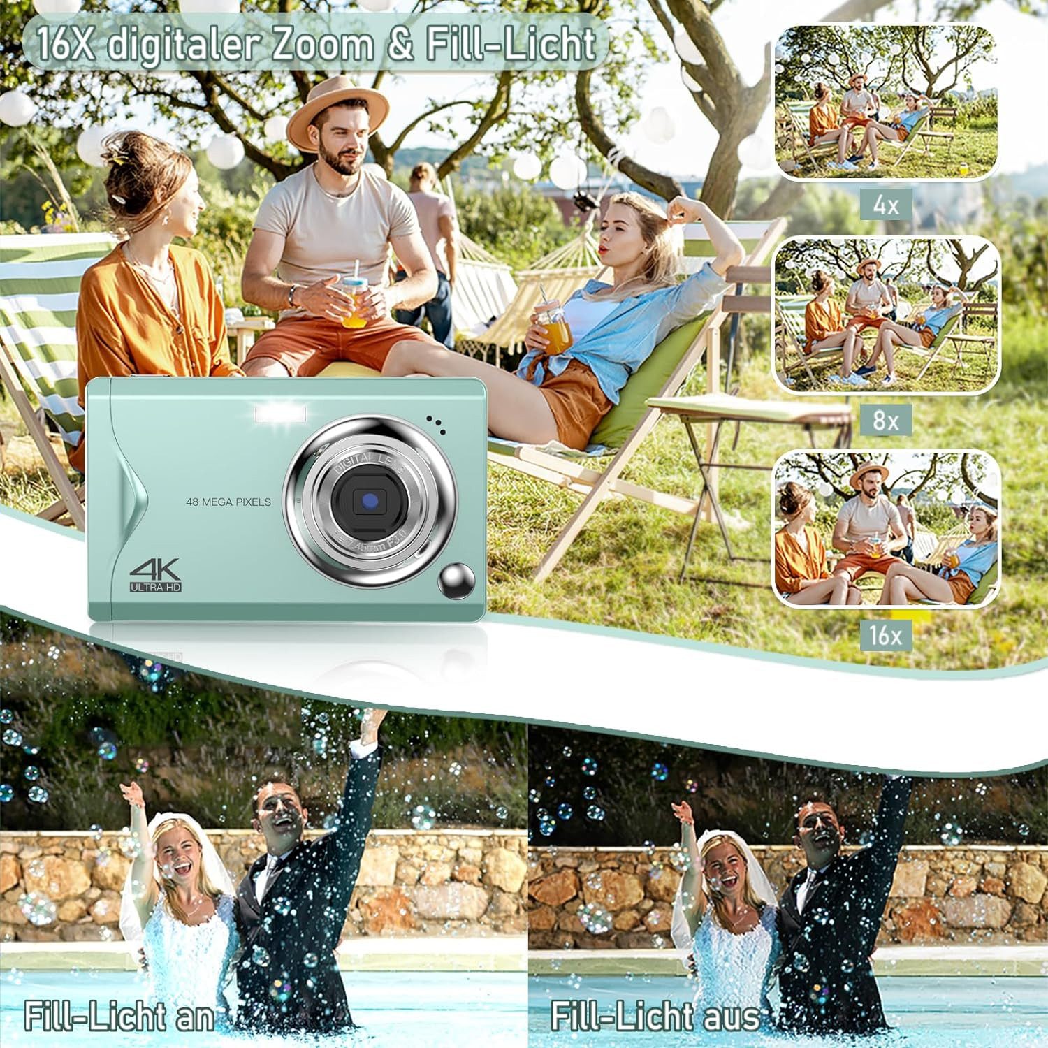 Fine Life Pro Kompaktkamera (48 MP, 16x Digitalzoom, Elektronischer Bildstabilisator, 4K HD 1080P Fotokam)