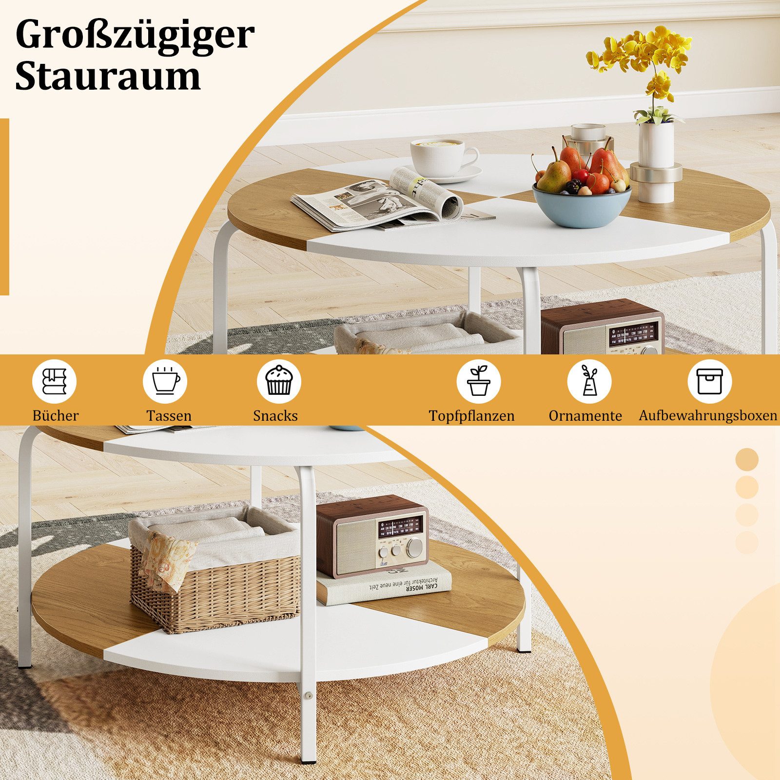 COSTWAY Couchtisch, rund, 80 cm Wohnzimmertisch 2 Ebenen mit Ablage