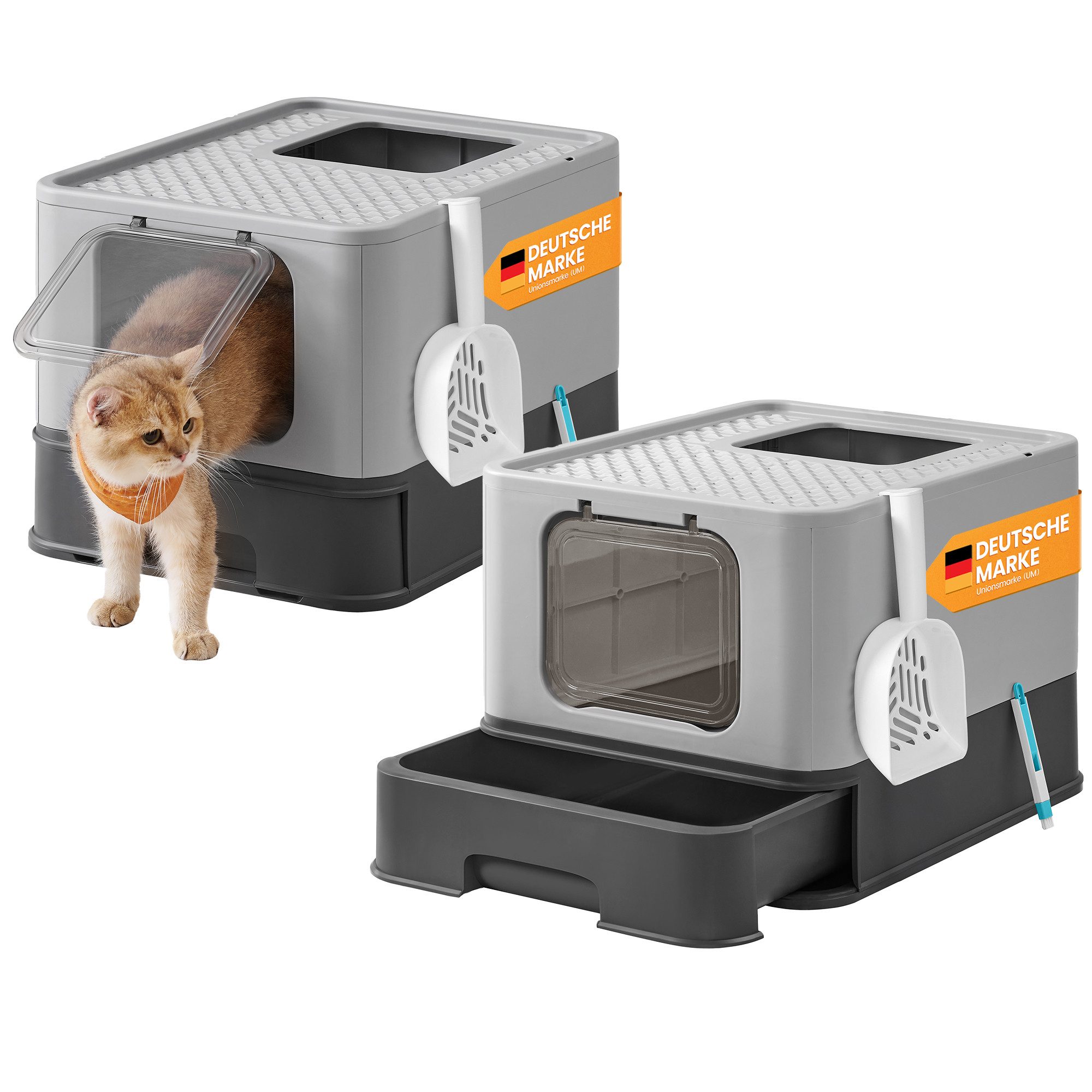 FEANDREA Katzentoilette mit Deckel, mit Tablett, Schaufel und Bürste, Auslaufsicherer Boden, für Katzen bis 15 kg, 1er/2er Set