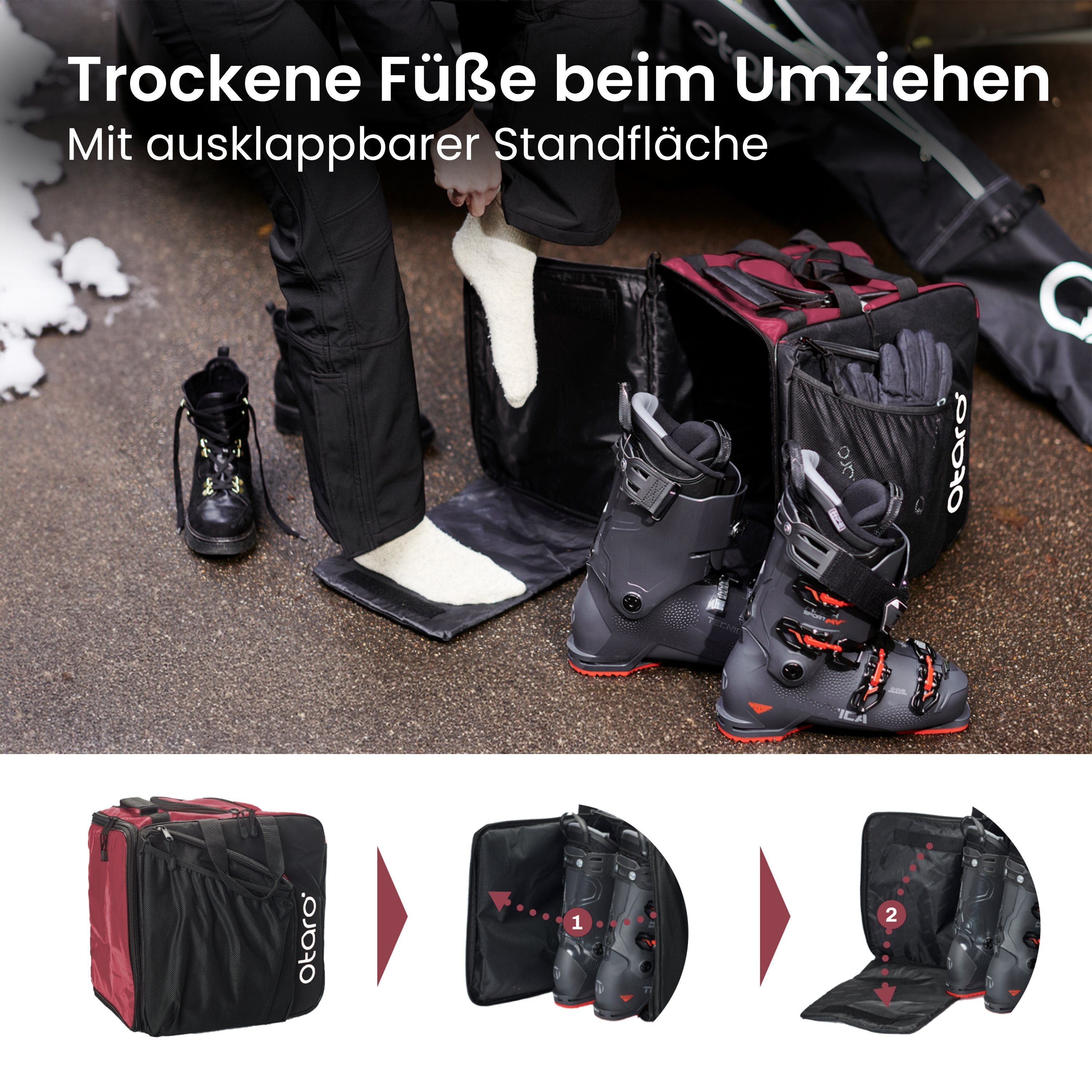 Otaro Sporttasche Skischuhtasche mit Helmfach für Pro Perfekt Schwarz Rucksackträger, Bordeauxrot Boarder) durchdacht, für ausklappbare 57L & bequemen Standfläche, deine & Skifahrer Ausrüstung, (Schutz