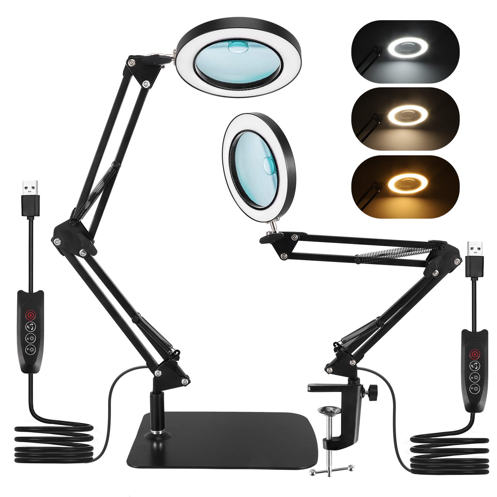 i@home Lupenlampe 2-in-1-Lupe mit Licht und Stativ, LED wechselbar, 10-fach, mit großem Fuß und Klemme, stufenlos dimmbare 3-Farben-Lupe