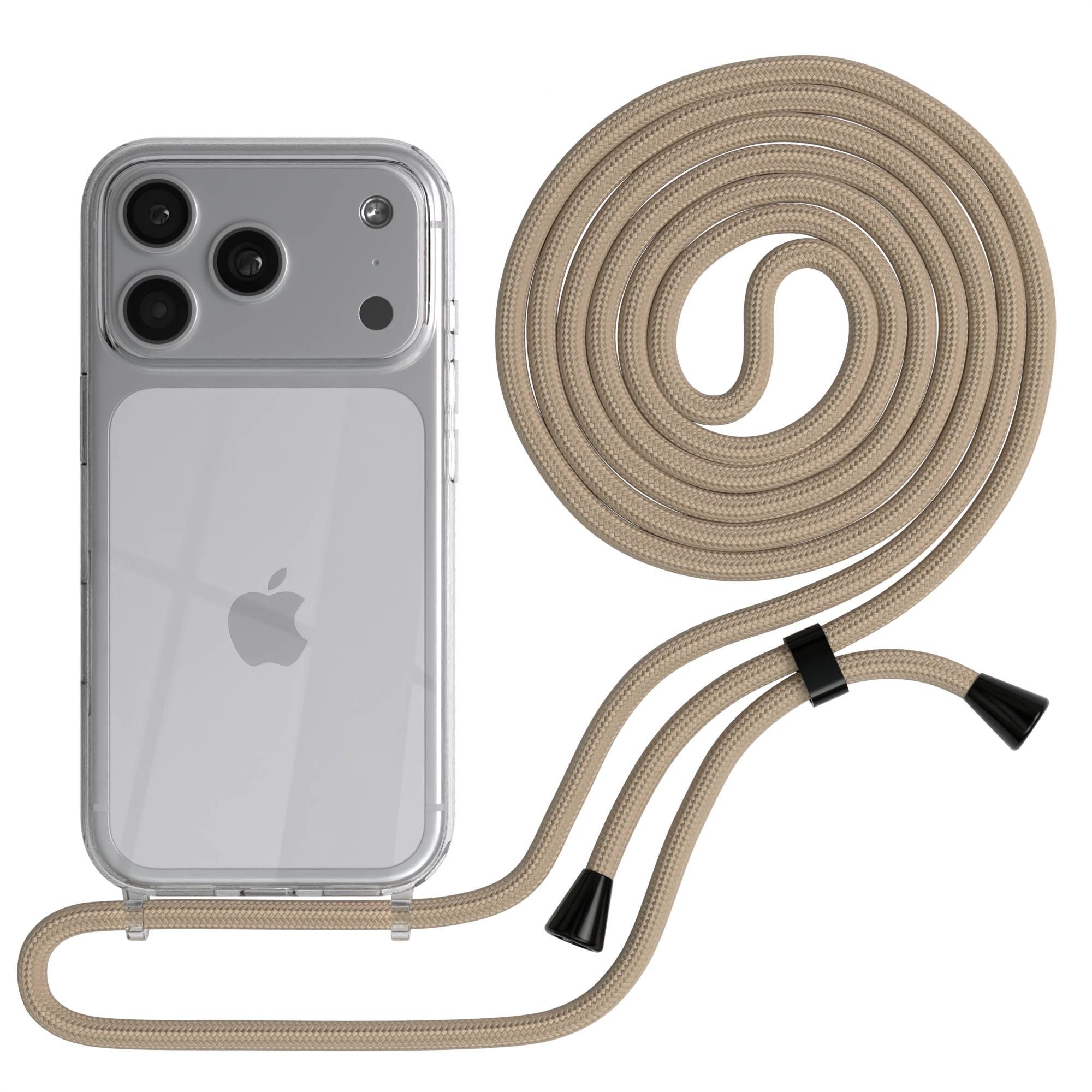 EAZY CASE Handykette Hülle mit Kette für Apple iPhone 17 Pro 6,3 Zoll, Slimcover Handykette Hülle mit Schnur Handykordel Taupe Camouflage