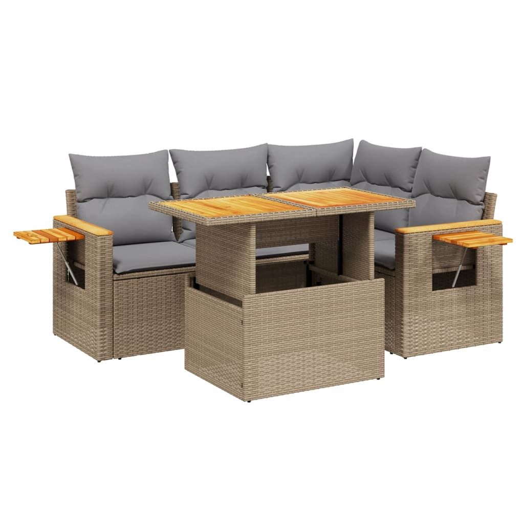 vidaXL Gartenlounge-Set 5-tlg. Garten-Sofagarnitur mit Kissen Beige Poly Rattan, (1-tlg)