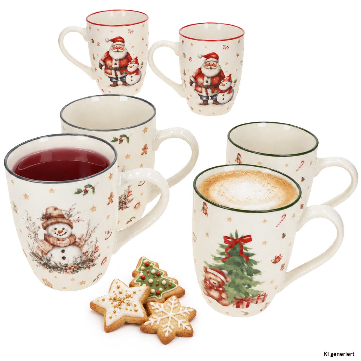 MamboCat Becher 6er Set Navidad Kaffeebecher 340ml Grau Grün Rot Weihnachten Tee Tasse, Porzellan
