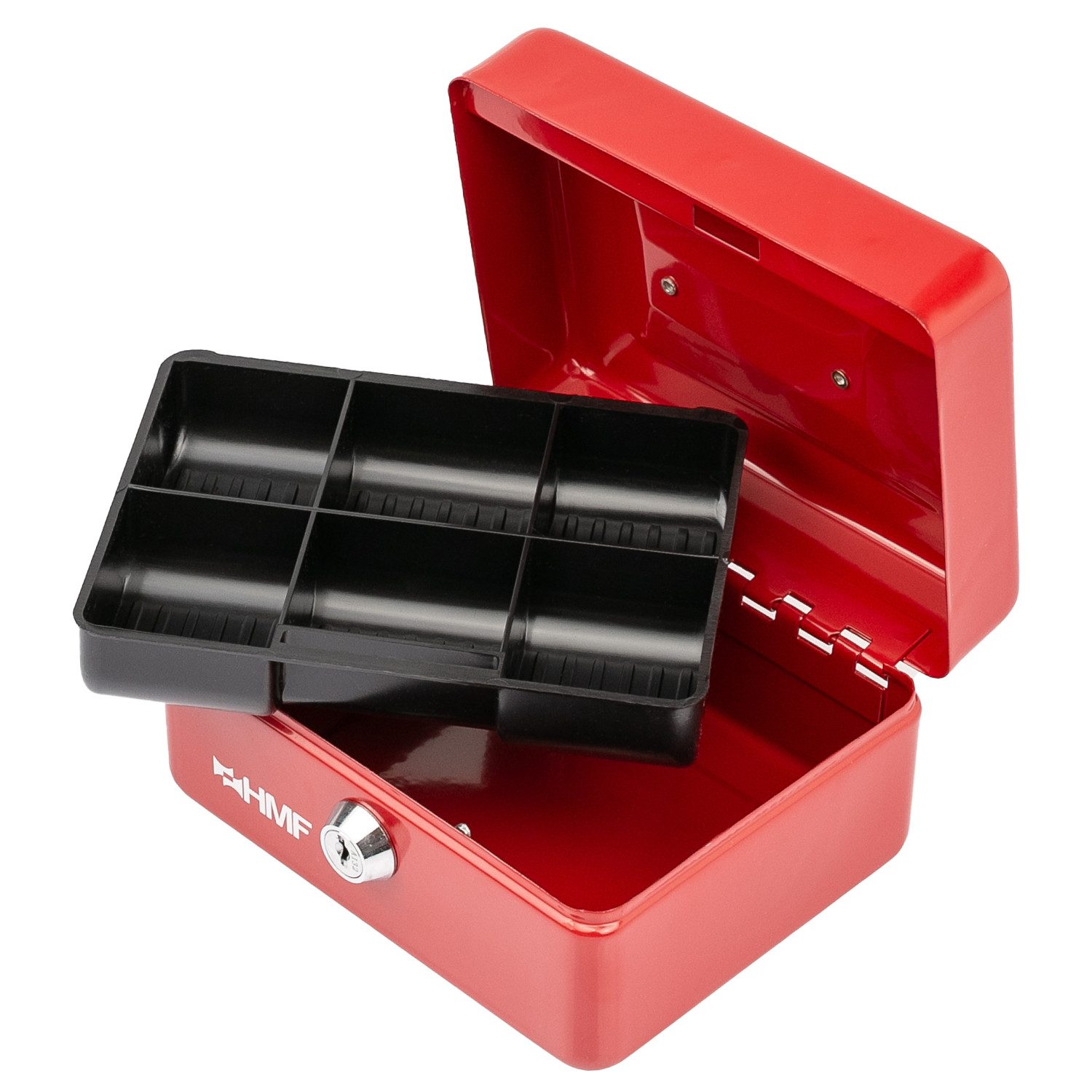 HMF Geldkassette Geldkassette abschließbar, Kasse mit Münzeinsatz, Geldkasse mit 6 Münzfächern 15 x 12 x 8 cm Rot