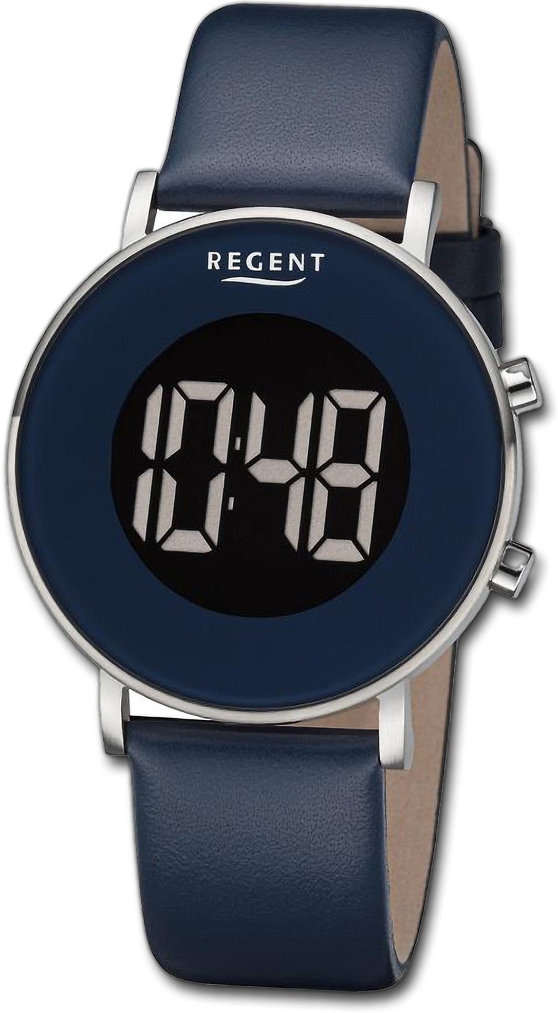 Regent Quarzuhr Regent Herren Armbanduhr Digital, Herrenuhr Lederarmband dunkelblau, rundes Gehäuse, groß (ca. 40mm)