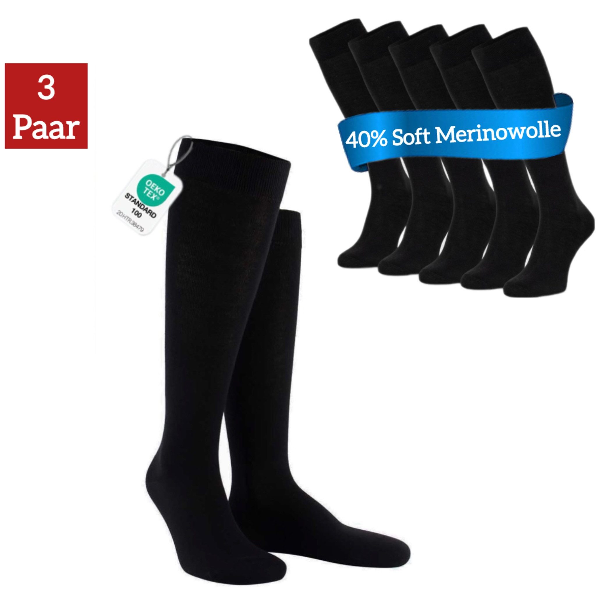NERS Kniestrümpfe aus Merinowolle Damen & Herren mit Komfortbund, ohne drückende Naht (3-Paar, 3 & 6 Paar) Soft Merino, für warme Füße