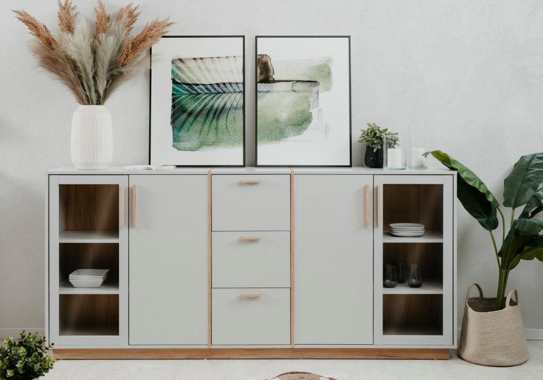 Finori Sideboard Highboard Sideboard Split, steingrau / Jackson Hickory