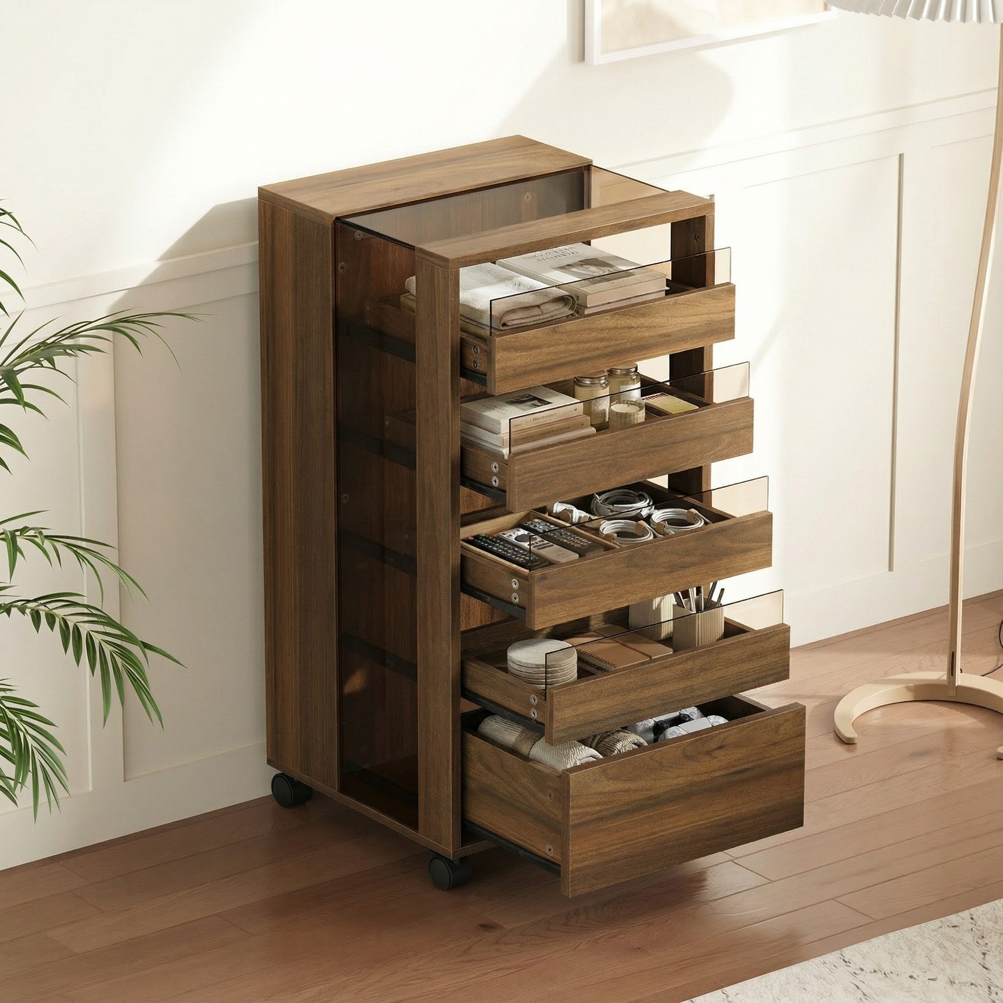 FUFU&GAGA Rollcontainer Rollcontainer mit Glas, walnussfarben, MDF & Glas, 40×40×81 cm