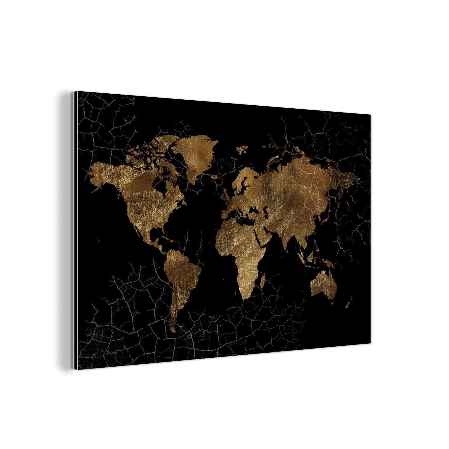 MuchoWow Metallbild Weltkarte - Marmor - Gold, Inkl. Aufhängung, Wohnzimmer Dekoration aus Alu, Industrial, Metallbilder, 30x20 cm