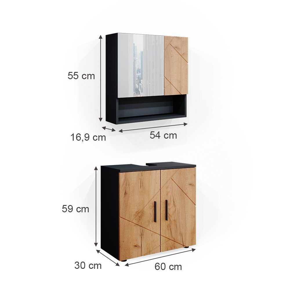 Vicco Badmöbel-Set Irma, Anthrazit/Eiche, 2 Teile, Unterschrank 60 cm, (2-er Set, 2-St., 2er Set)