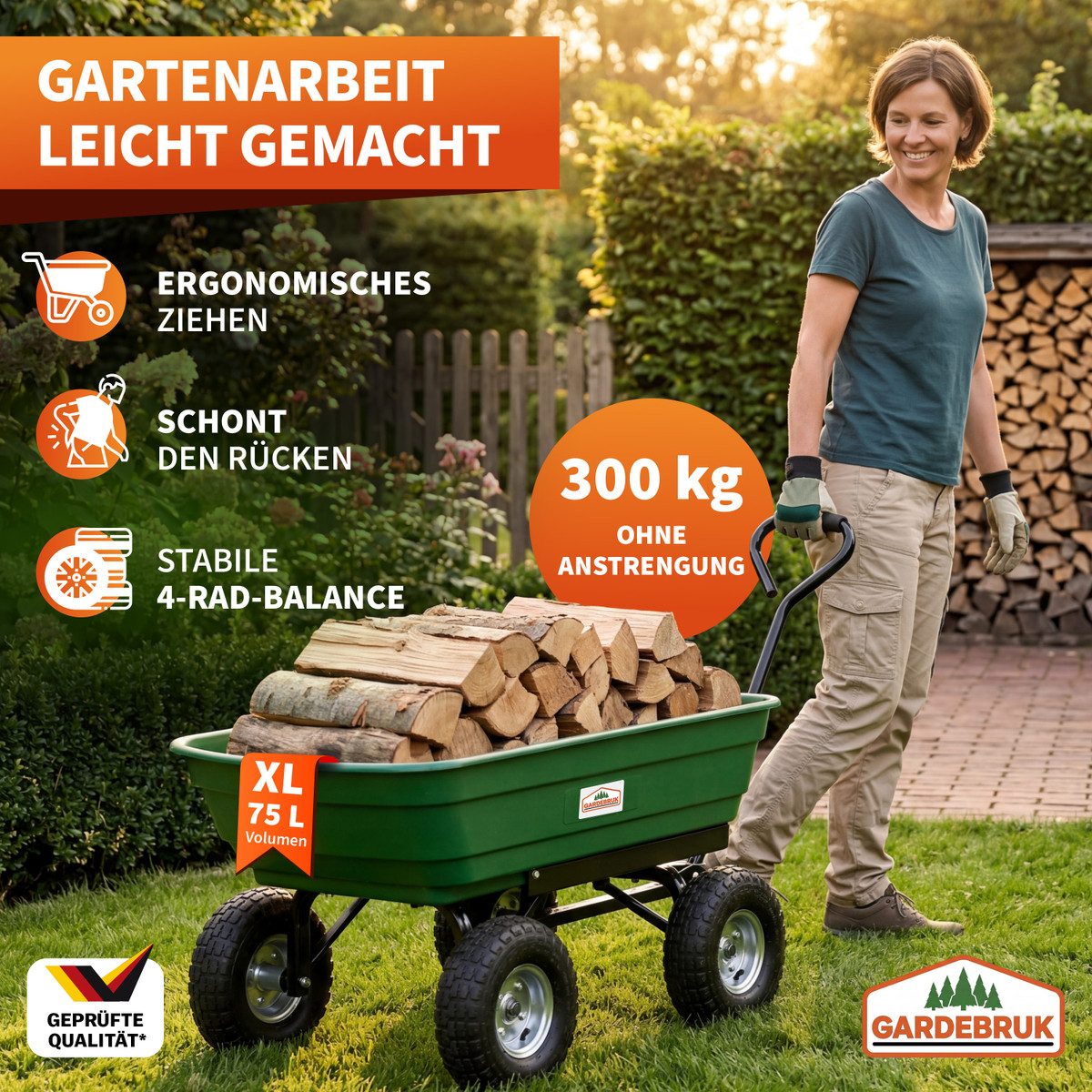 Gardebruk Bollerwagen, Transportwagen 300 kg mit Kippfunktion Luftbereifung Handwagen Garten