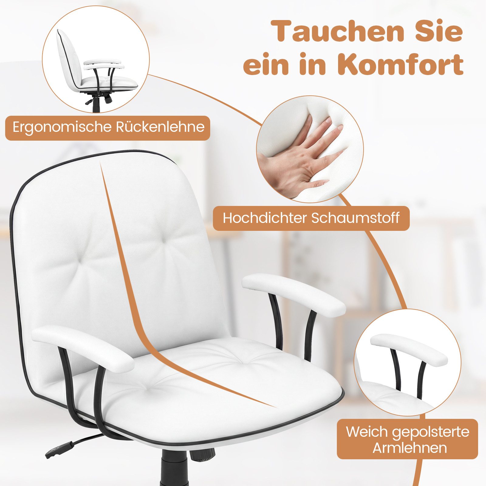 COSTWAY Drehstuhl, Ergonomisch, mit gepolsterten Armlehnen & breitem Sitz